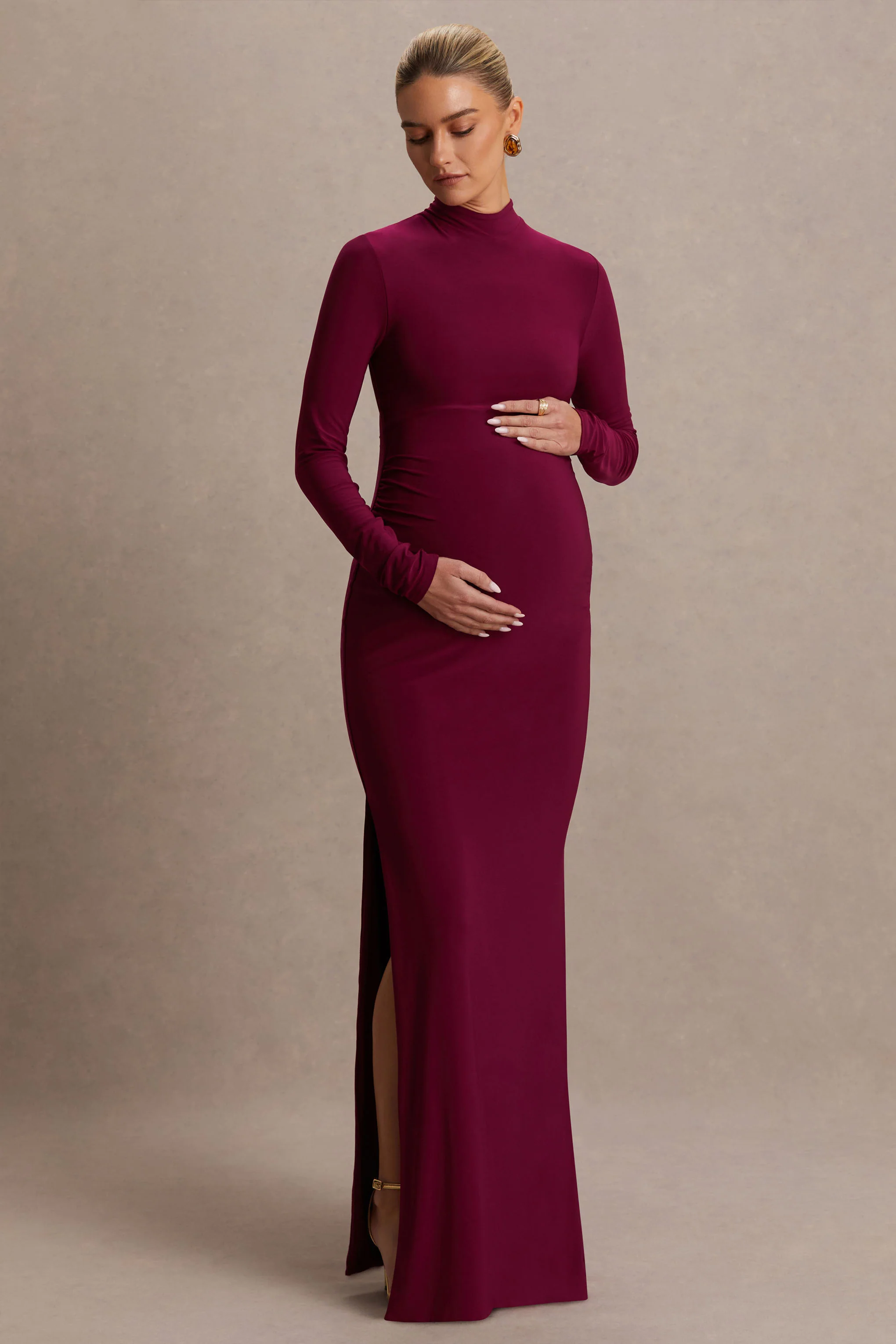 Alejandra | Burgundy Maternity Long Sleeve High Neck Maxi Dress - Image 4