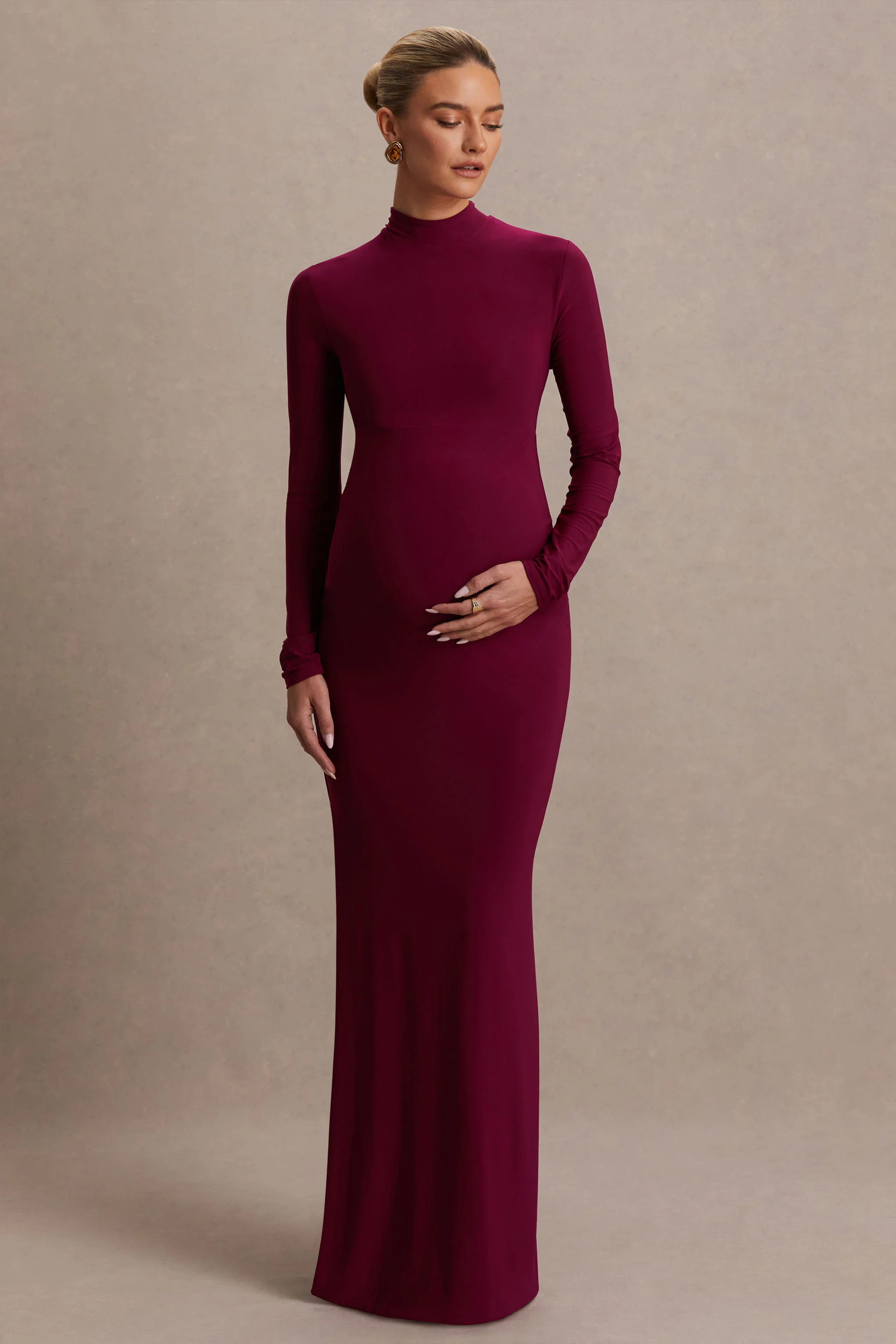 Alejandra | Burgundy Maternity Long Sleeve High Neck Maxi Dress - Image 5