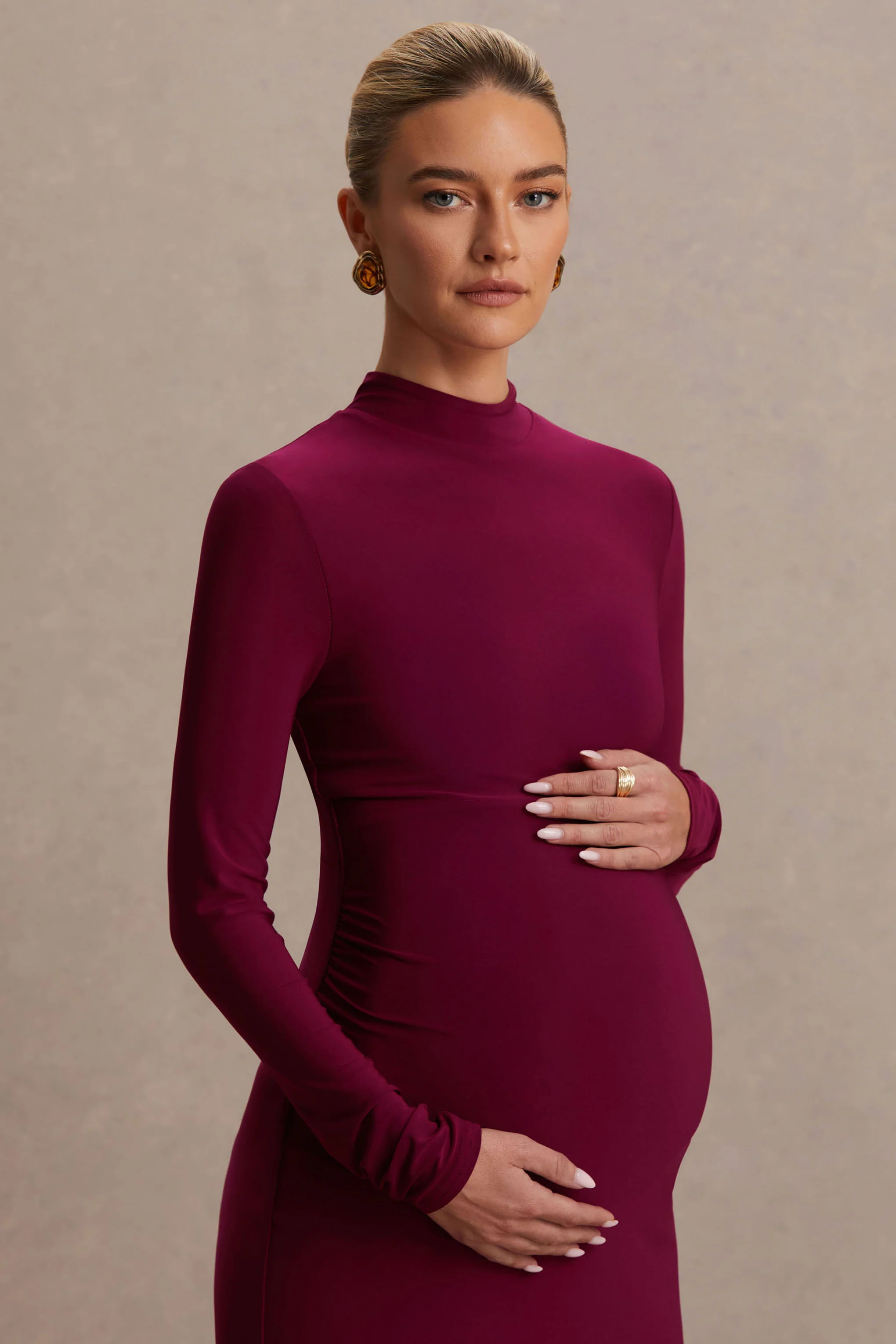 Alejandra | Burgundy Maternity Long Sleeve High Neck Maxi Dress - Image 6