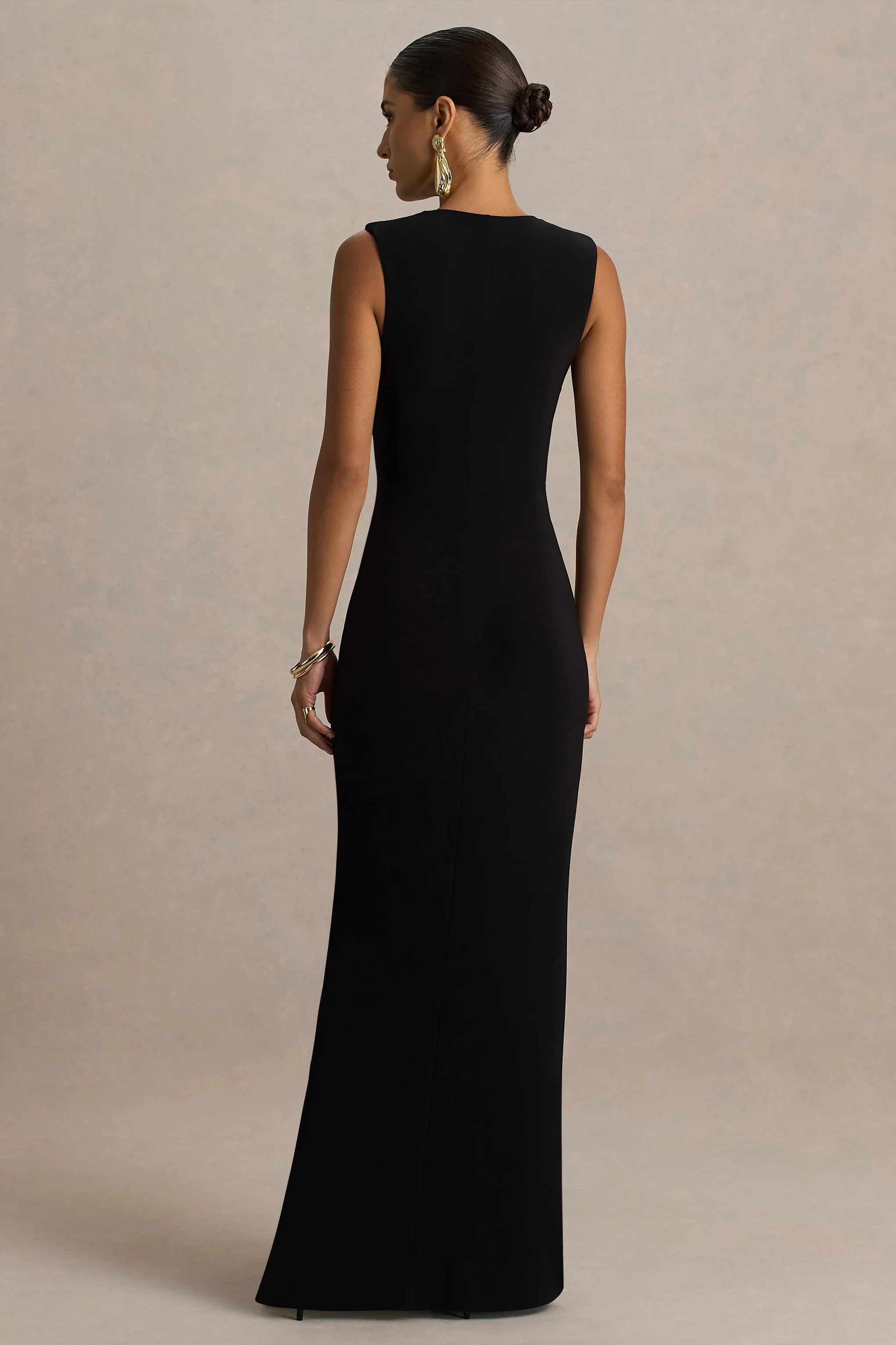 Alena | Black Extreme-Plunge Neck Maxi Dress With Gold Detail - Image 2