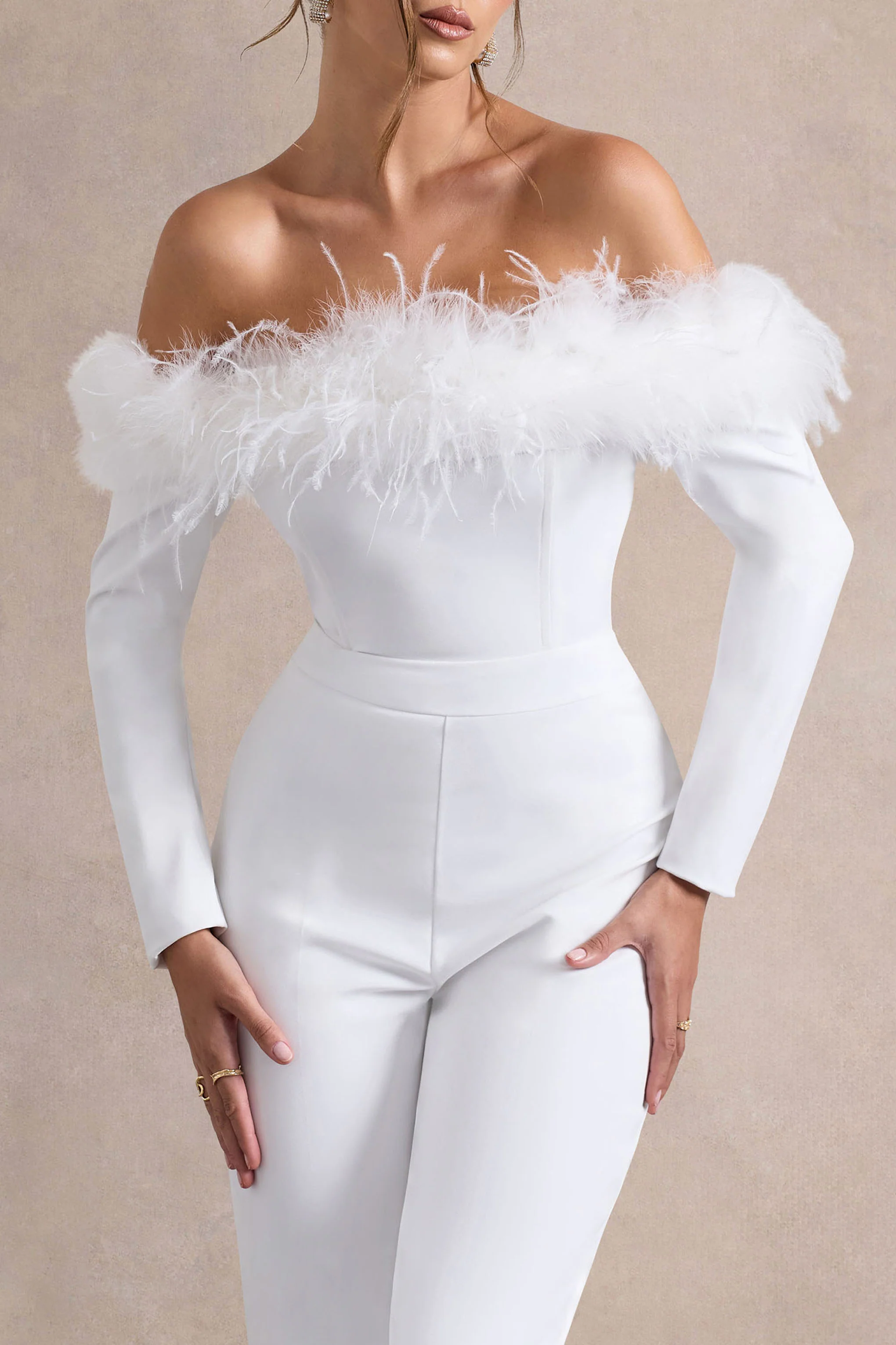 Ales | White Bardot Tailored Straight-Leg Jumpsuit With Feather Trim - Image 3