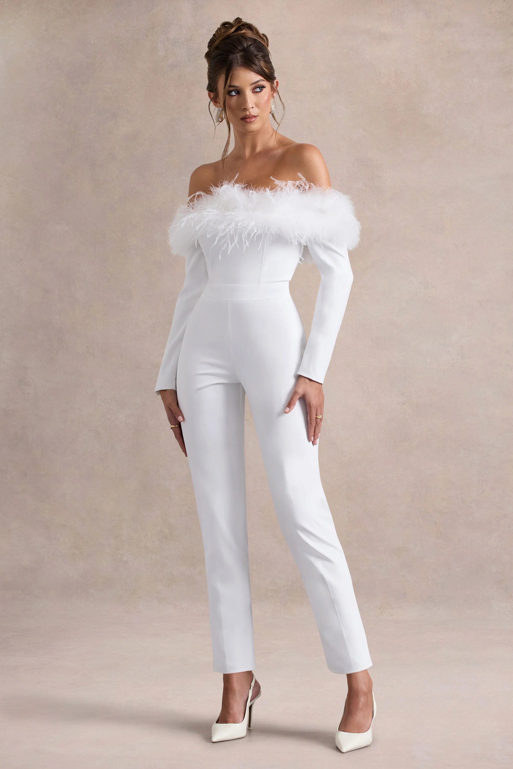 Ales | White Bardot Tailored Straight-Leg Jumpsuit With Feather Trim - Image 4