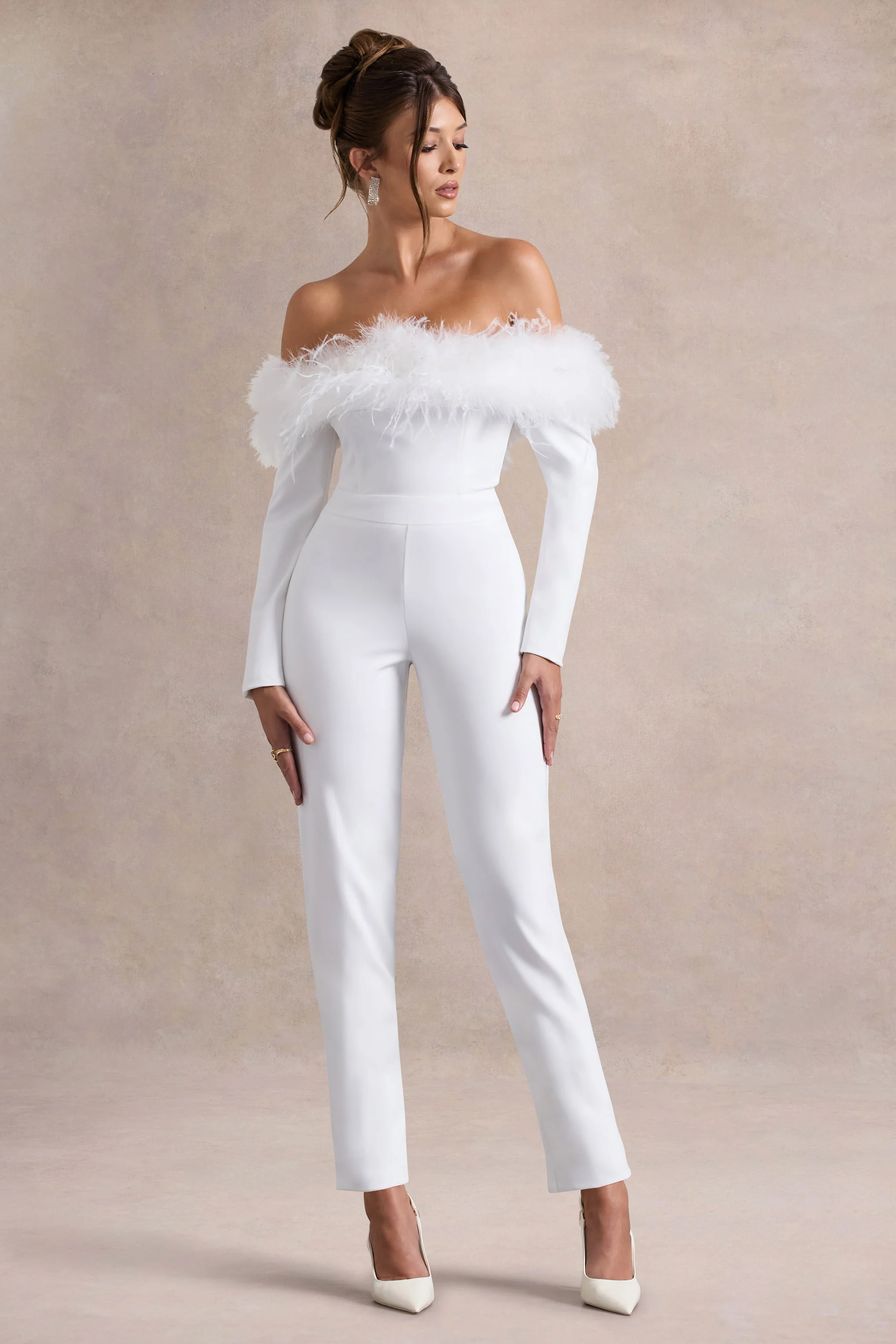 Ales | White Bardot Tailored Straight-Leg Jumpsuit With Feather Trim - Image 5