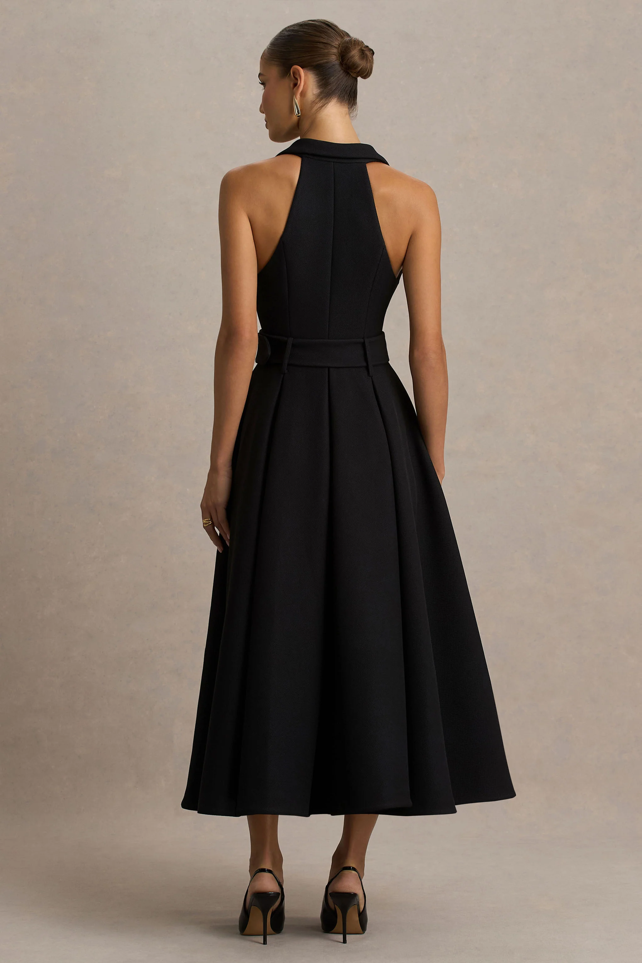 Alessa | Black Plunge-Neck Tailored Midi Dress - Image 2