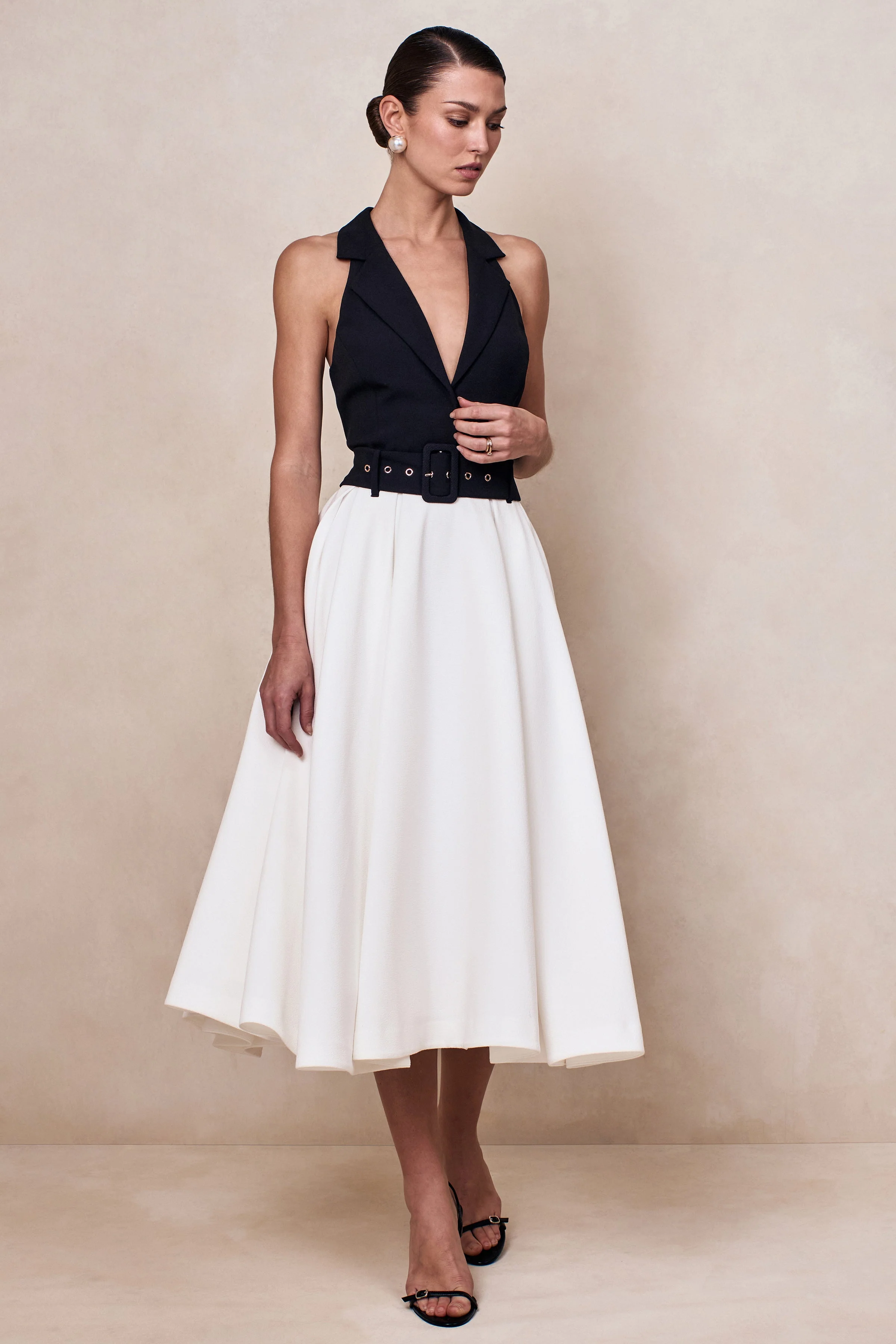 Alessa | Black & White Plunge-Neck Tailored Midi Dress - Image 8