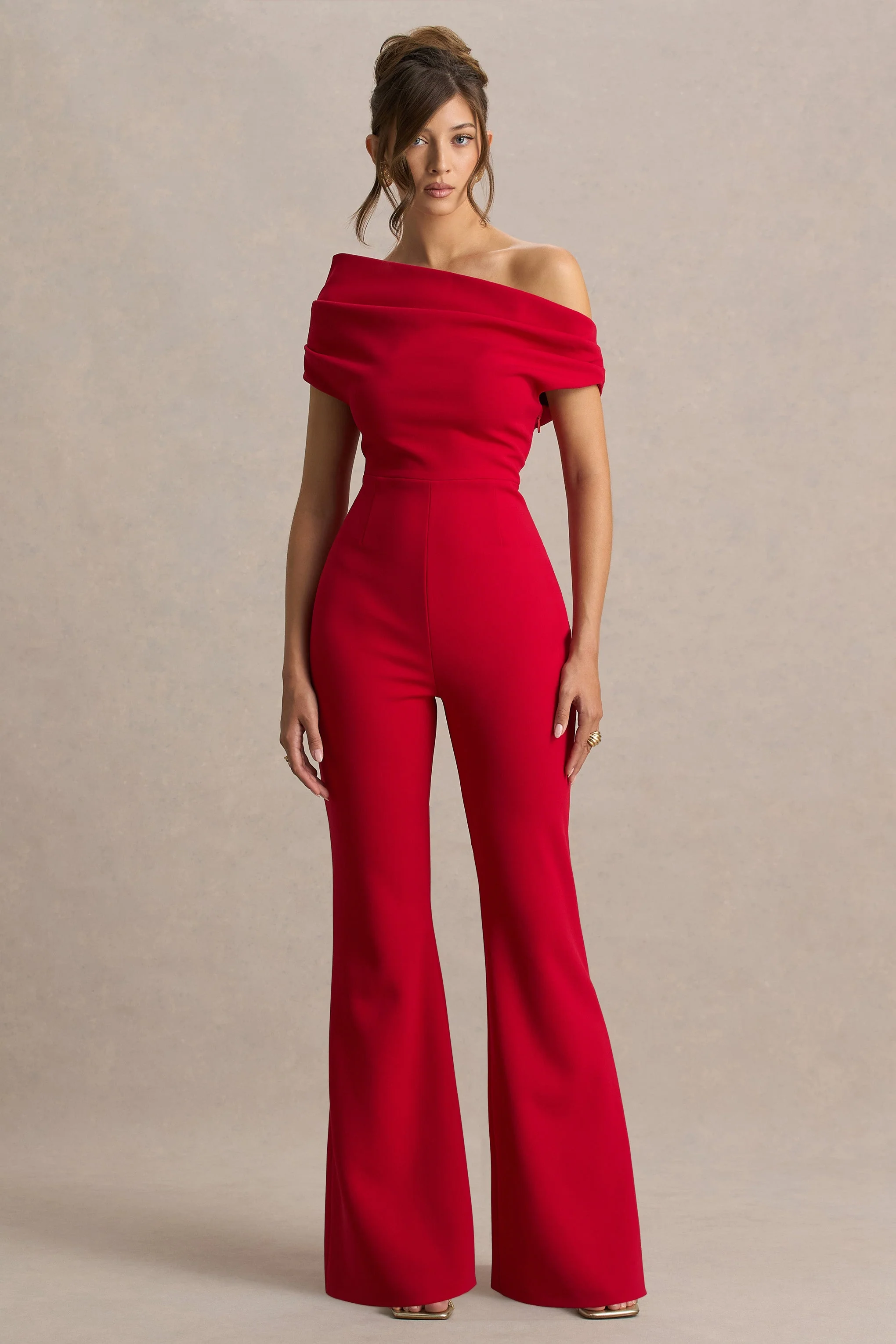 Alexandra | Red Asymmetric-Neck Draped Jumpsuit - Image 3