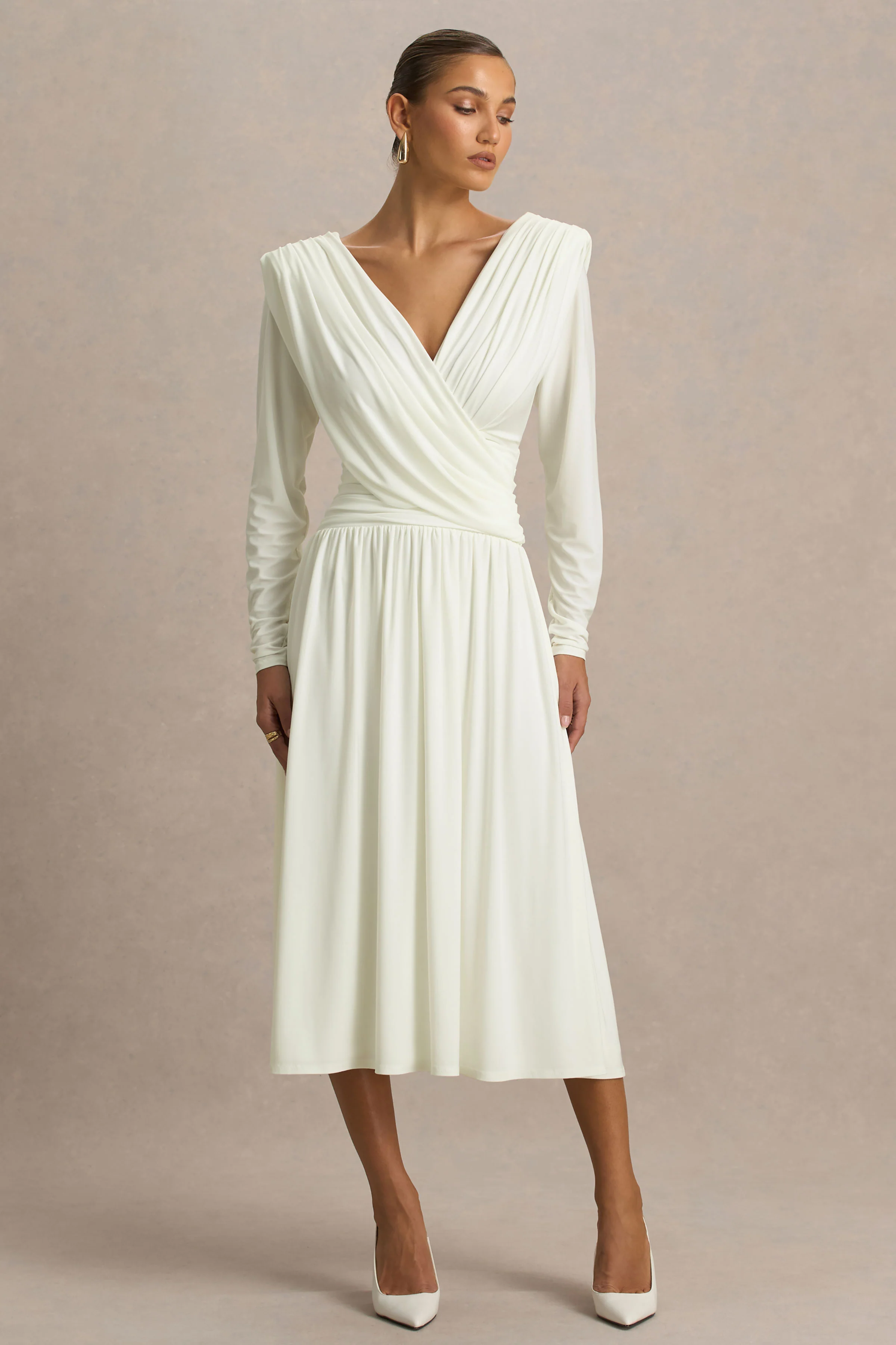 Alexis | Cream Plunge-Neck Midi Dress With Draped And Ruched Detailing