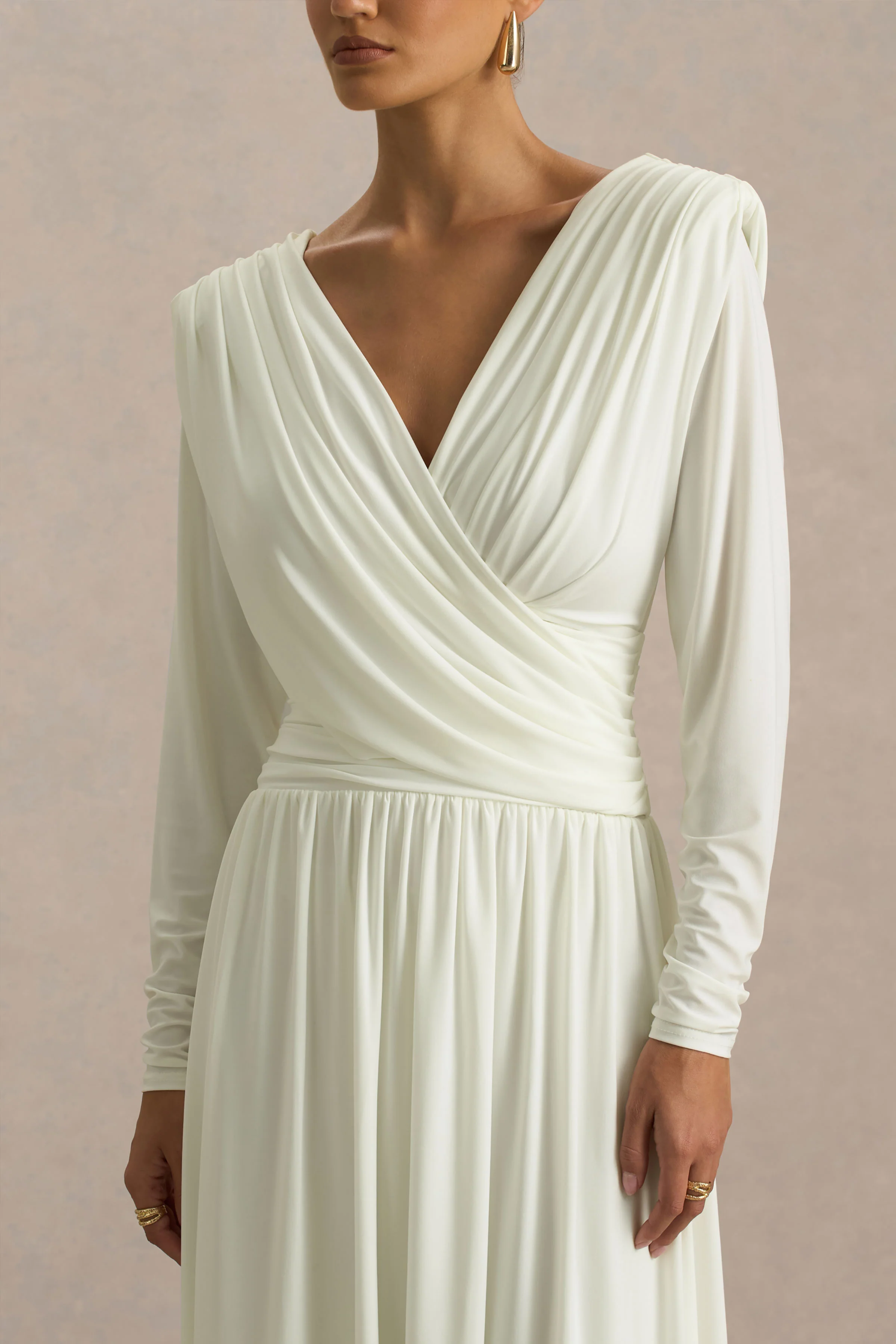 Alexis | Cream Plunge-Neck Midi Dress With Draped And Ruched Detailing - Image 3