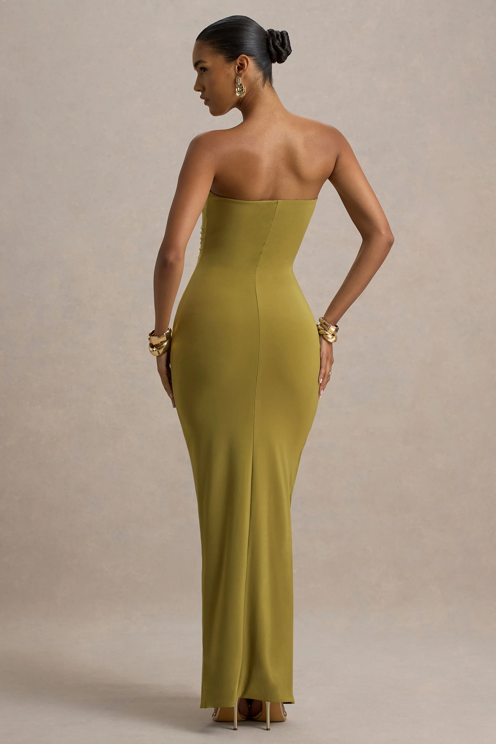 Ali | Olive Sweetheart Ruched Wrap Maxi Dress - Image 2