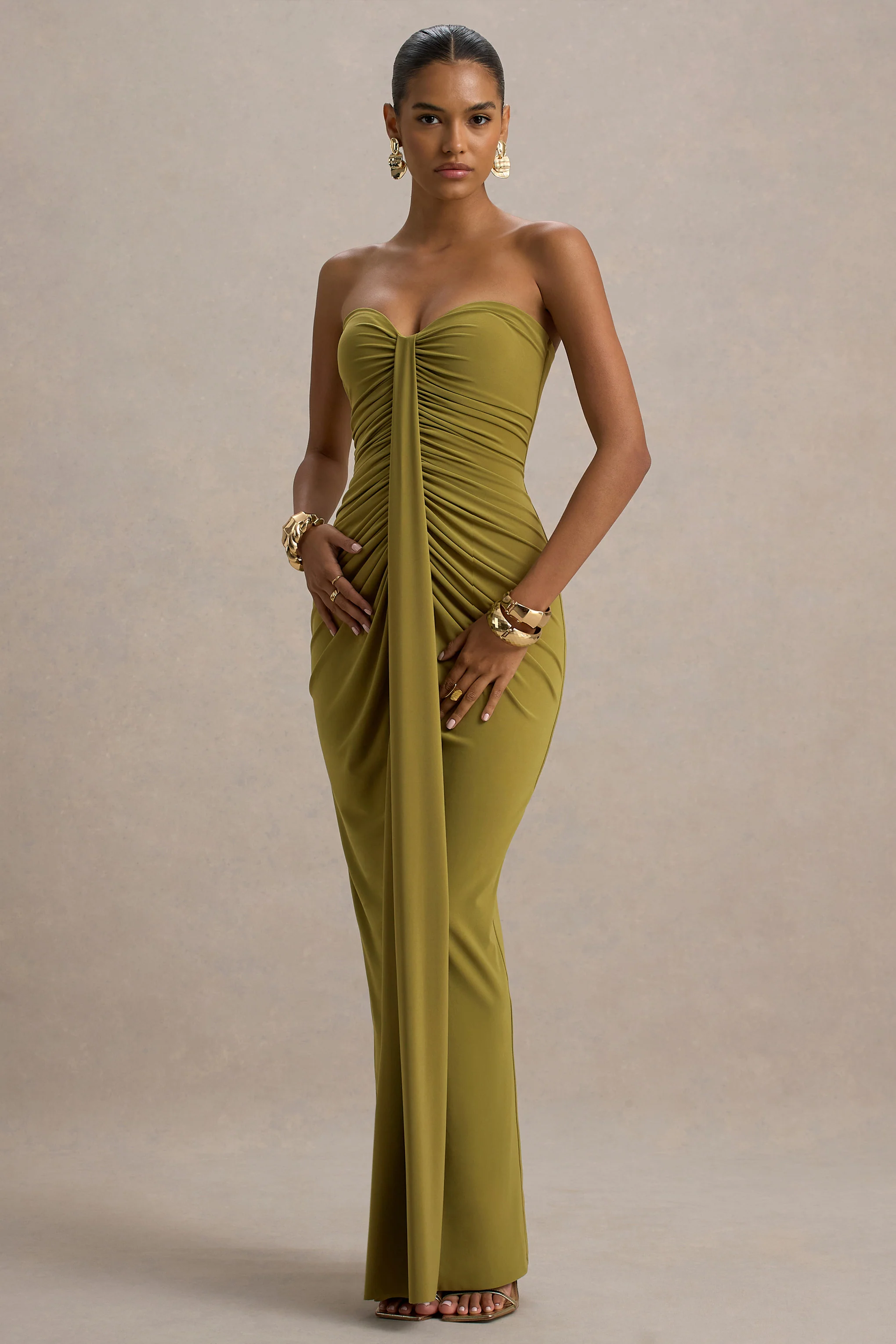 Ali | Olive Sweetheart Ruched Wrap Maxi Dress - Image 4