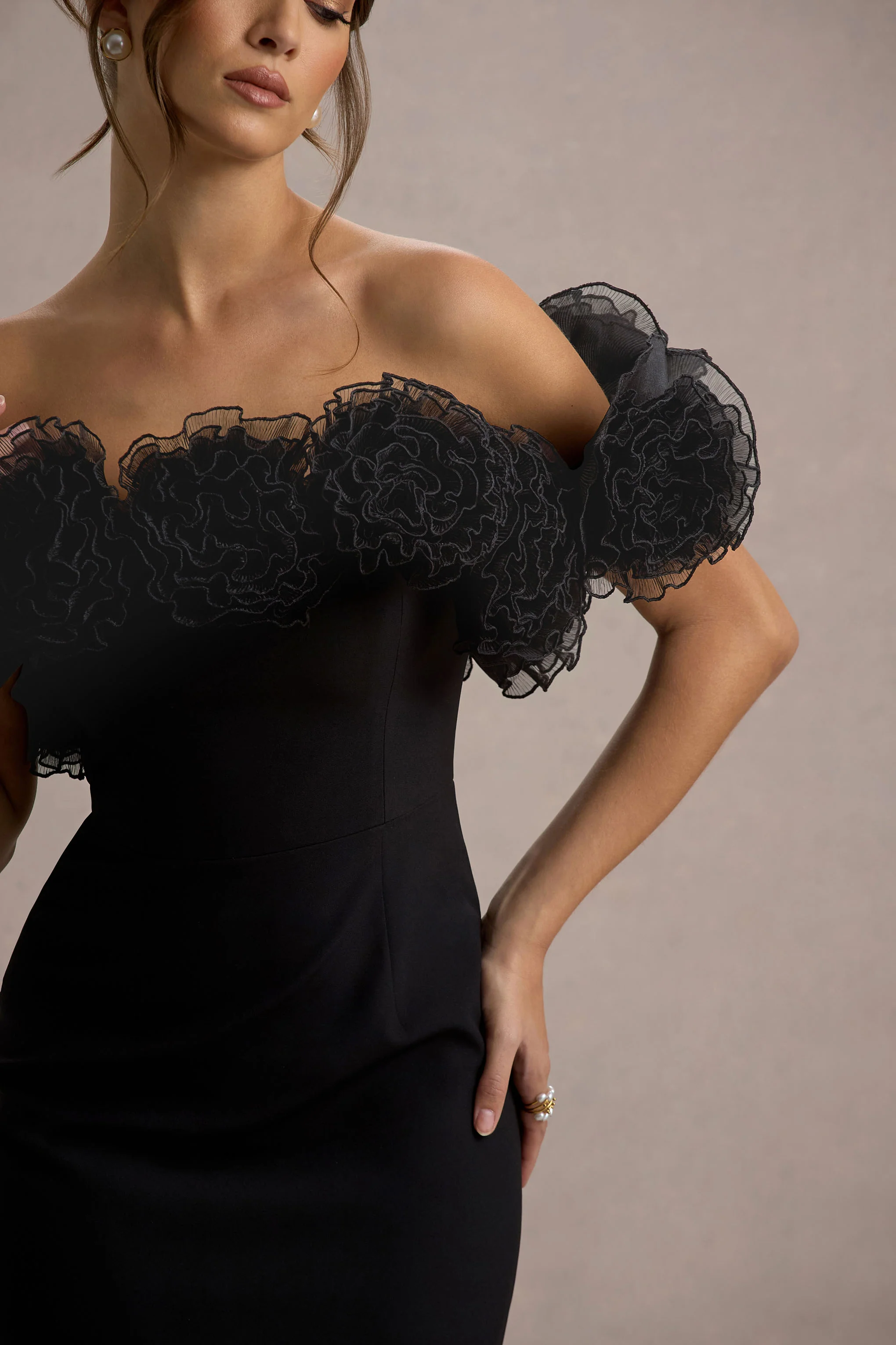 Alizzi | Black Bardot Midi Dress With Ruffle Trim - Image 6