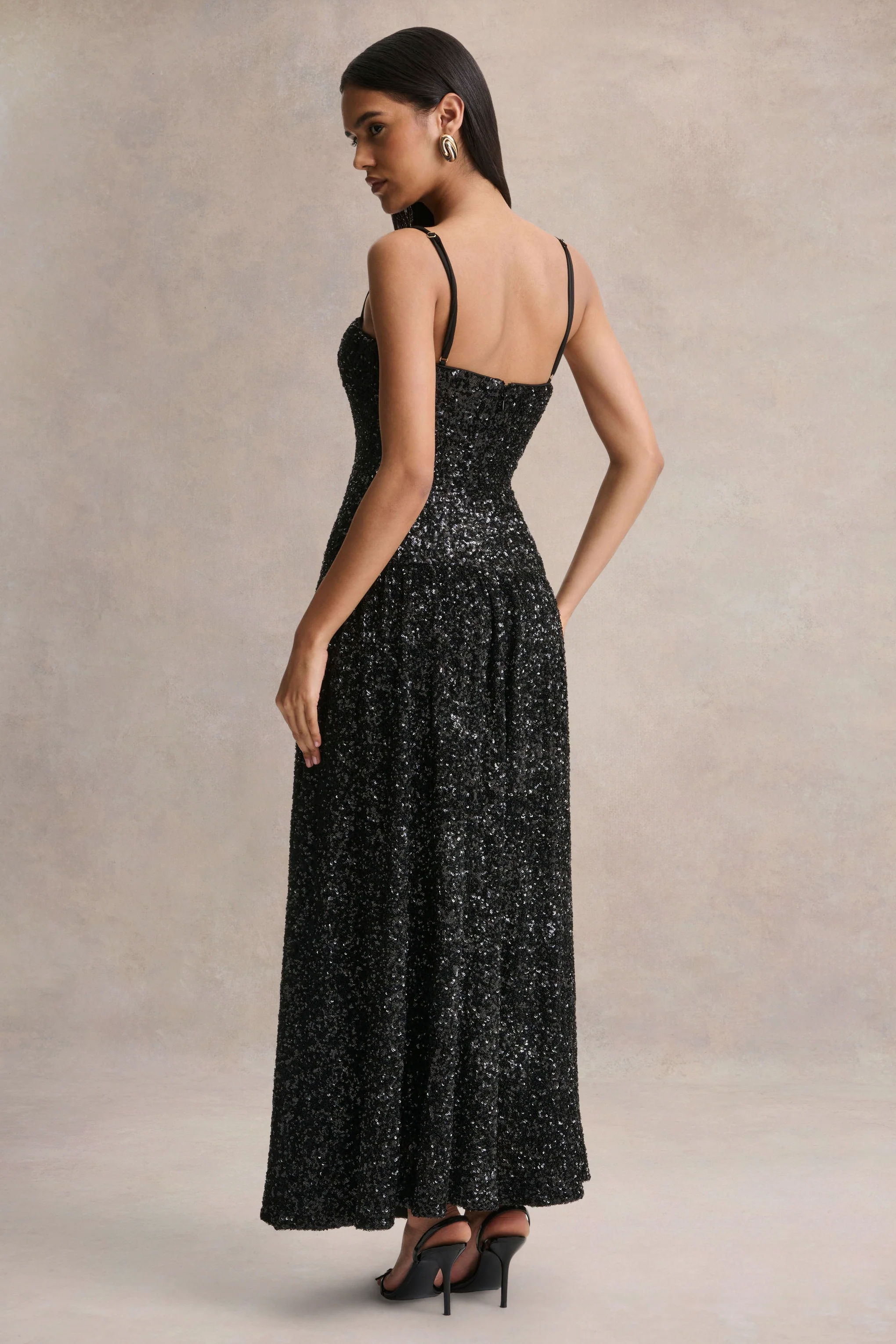 Allora | Black Sequin Square-Neck Maxi Dress With Pleated Skirt - Image 2