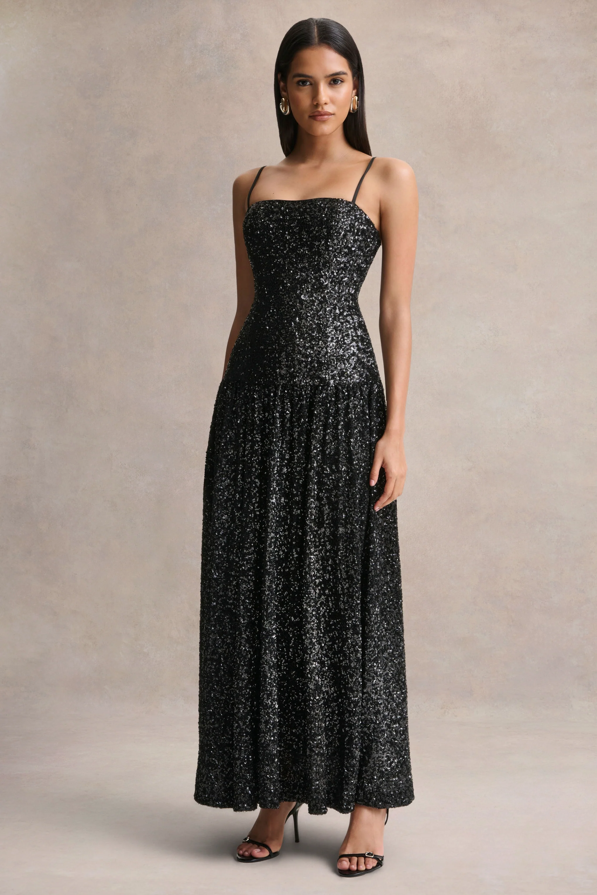 Allora | Black Sequin Square-Neck Maxi Dress With Pleated Skirt - Image 5