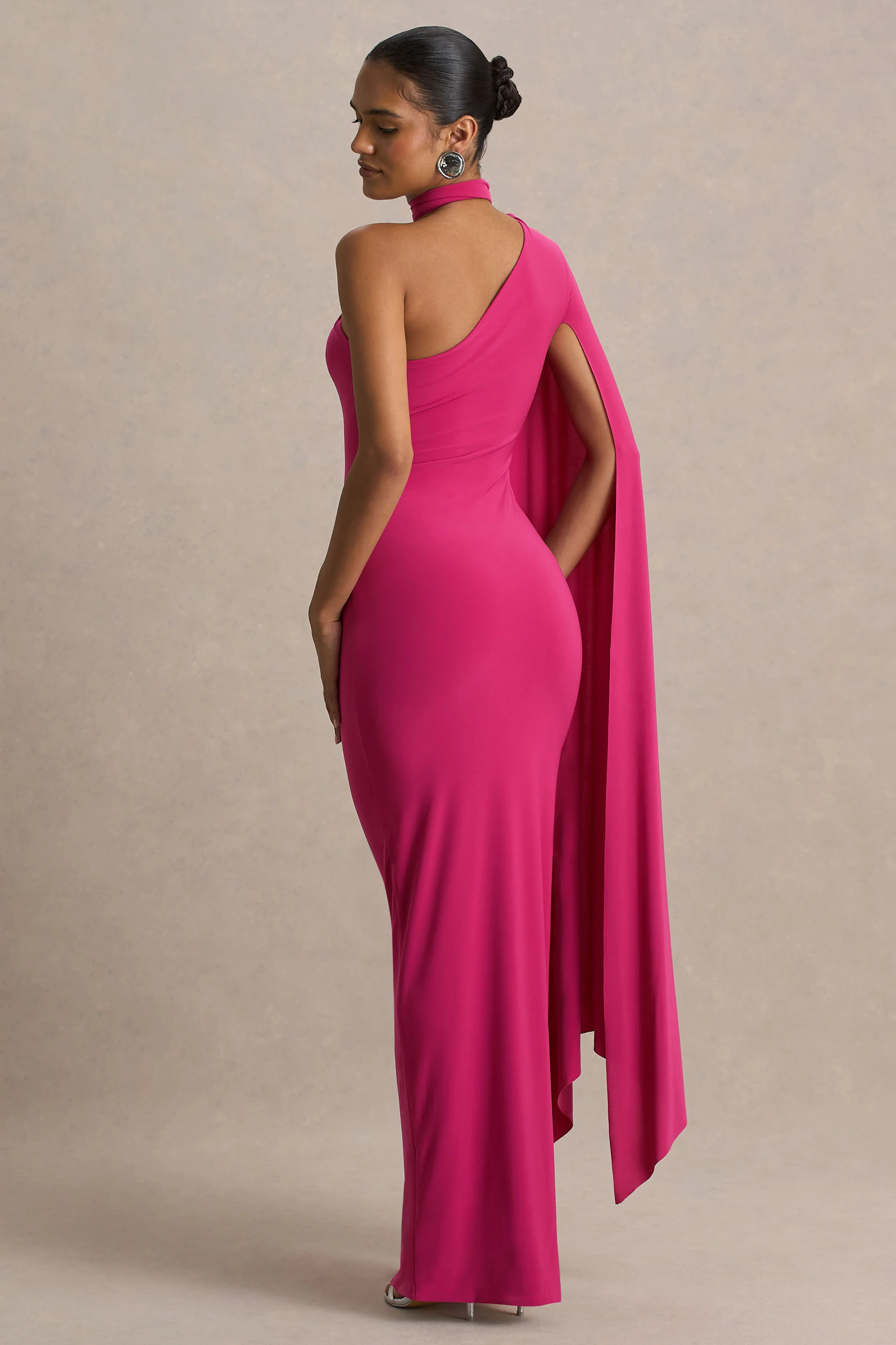 Amal | Hot Pink Asymmetric-Neck Maxi Dress With Scarf and Cape Detail - Image 2