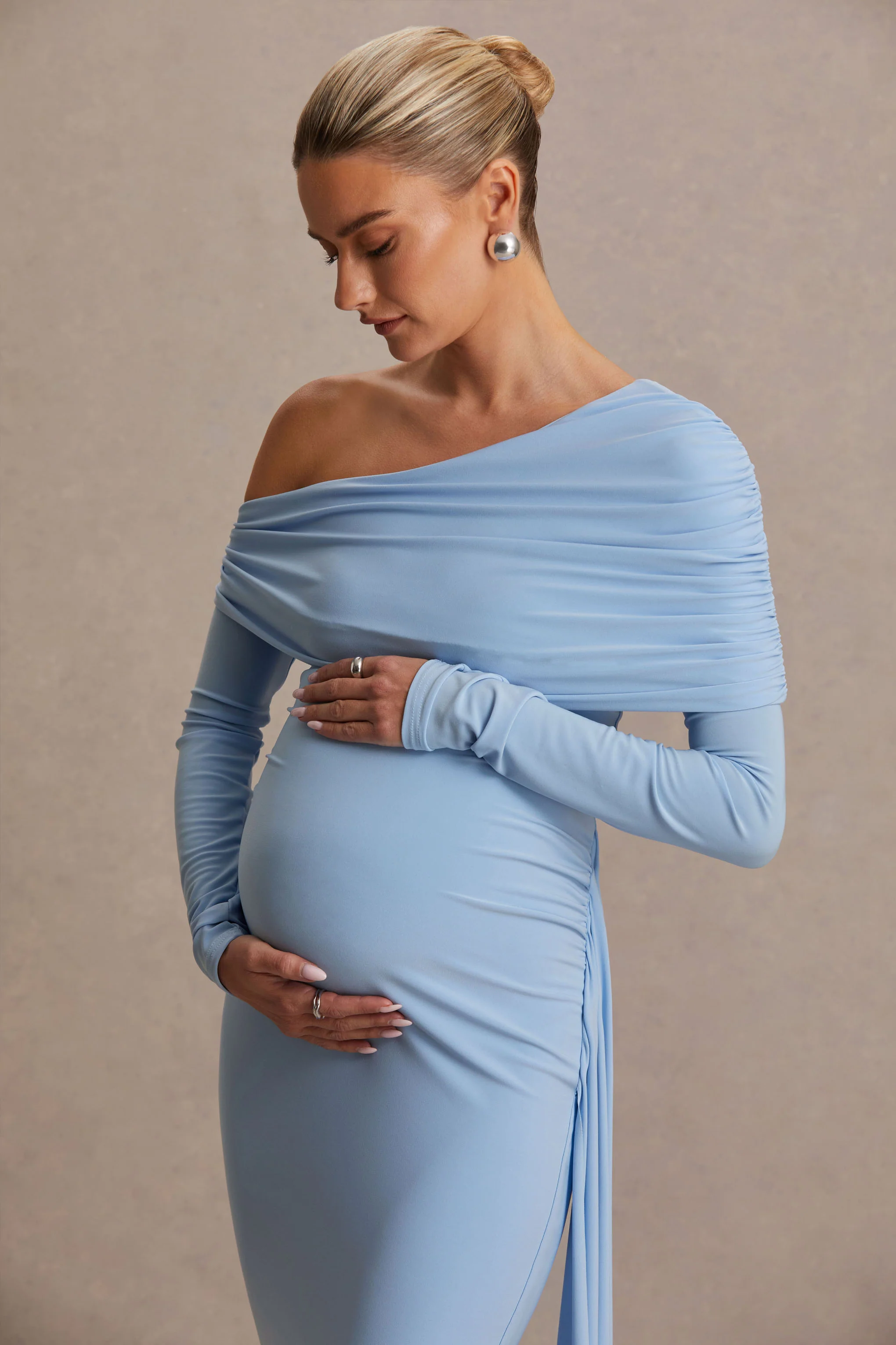 Amara | Powder Blue Asymmetric-Neck Maternity Maxi Dress With Sash Detail - Image 6