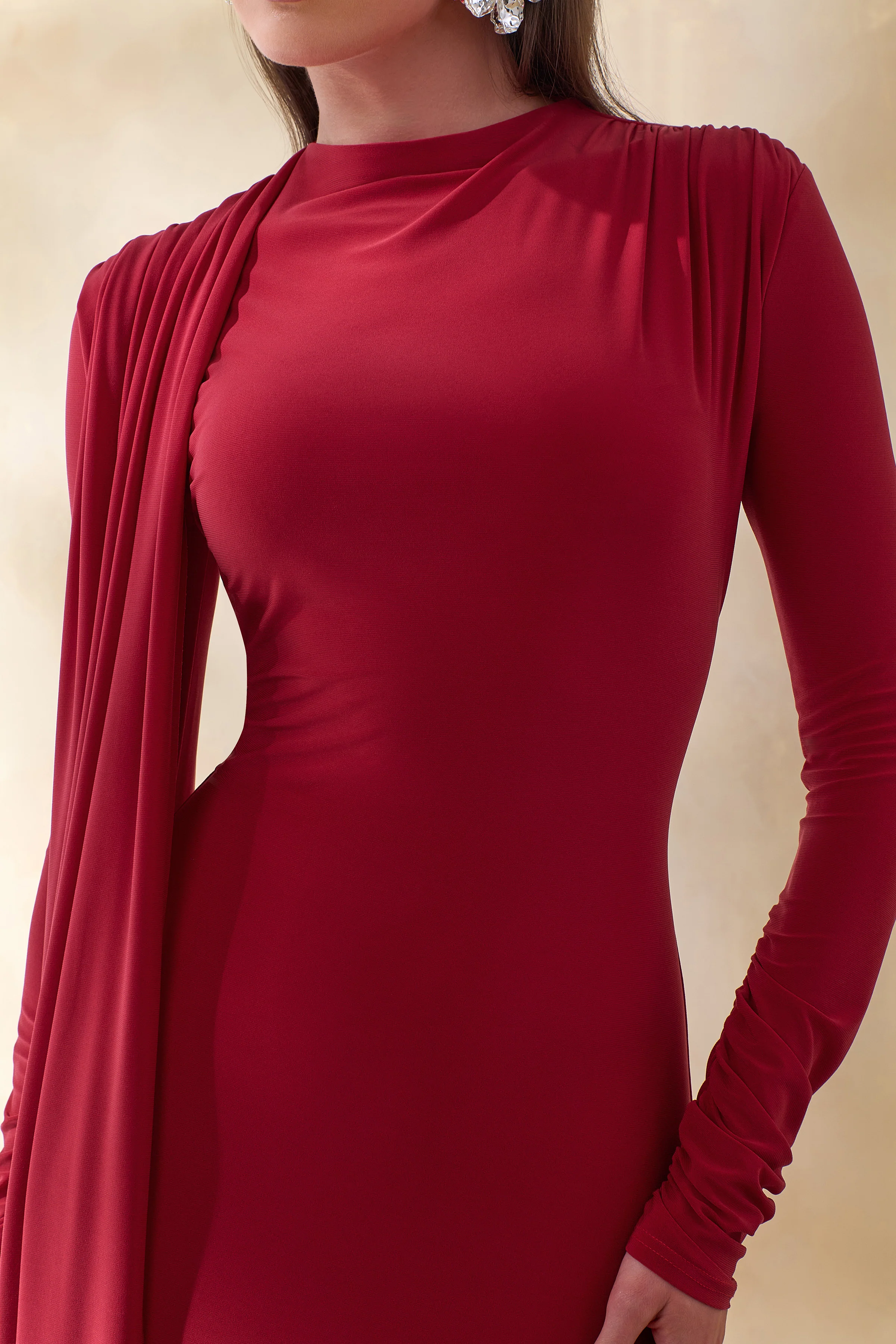Amaria | Red High-Neck Maxi Dress With Sash-Detail - Image 3