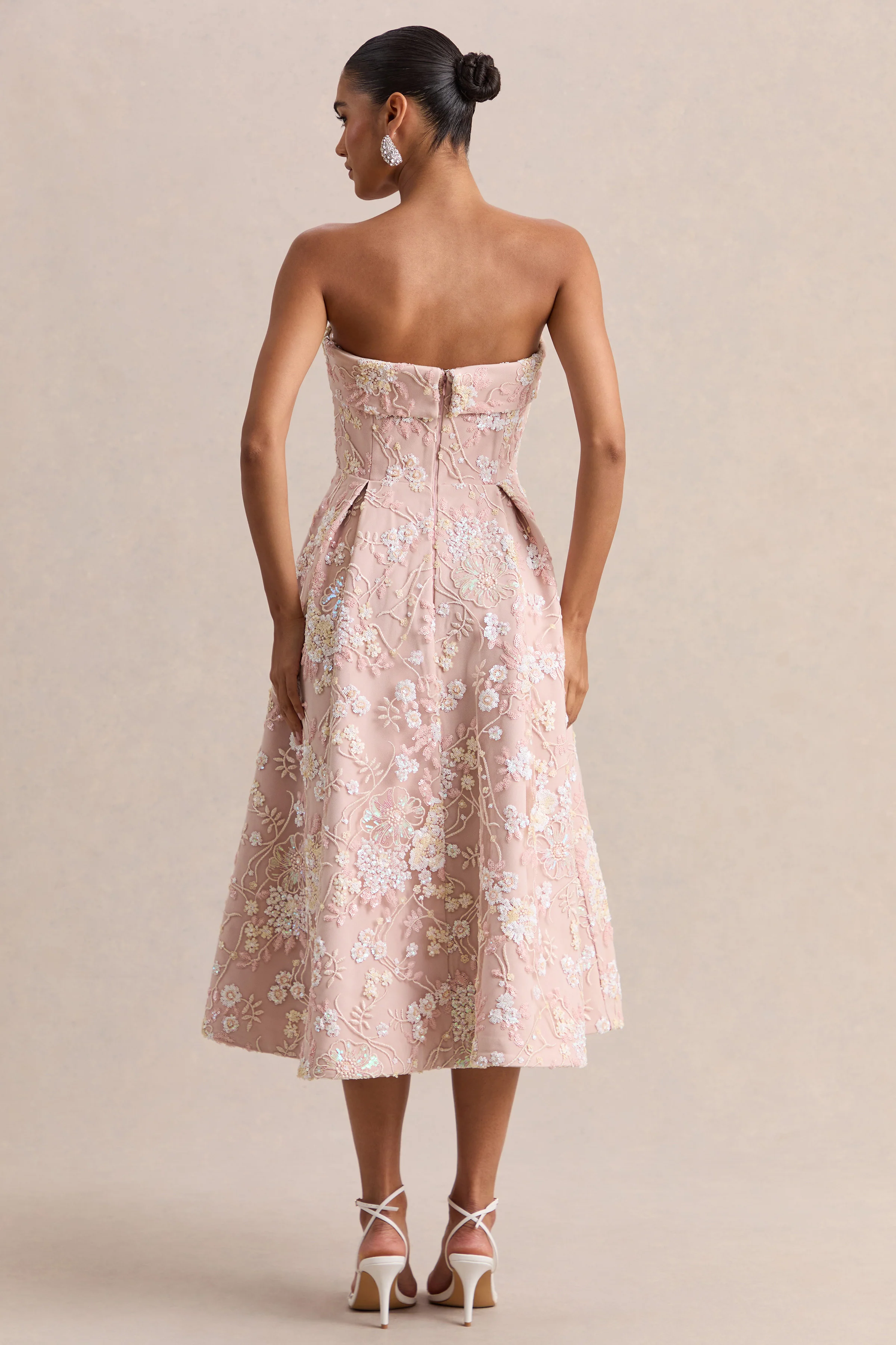 Amaris | Pink Embellished Floral Bandeau Skater Midi Dress - Image 2