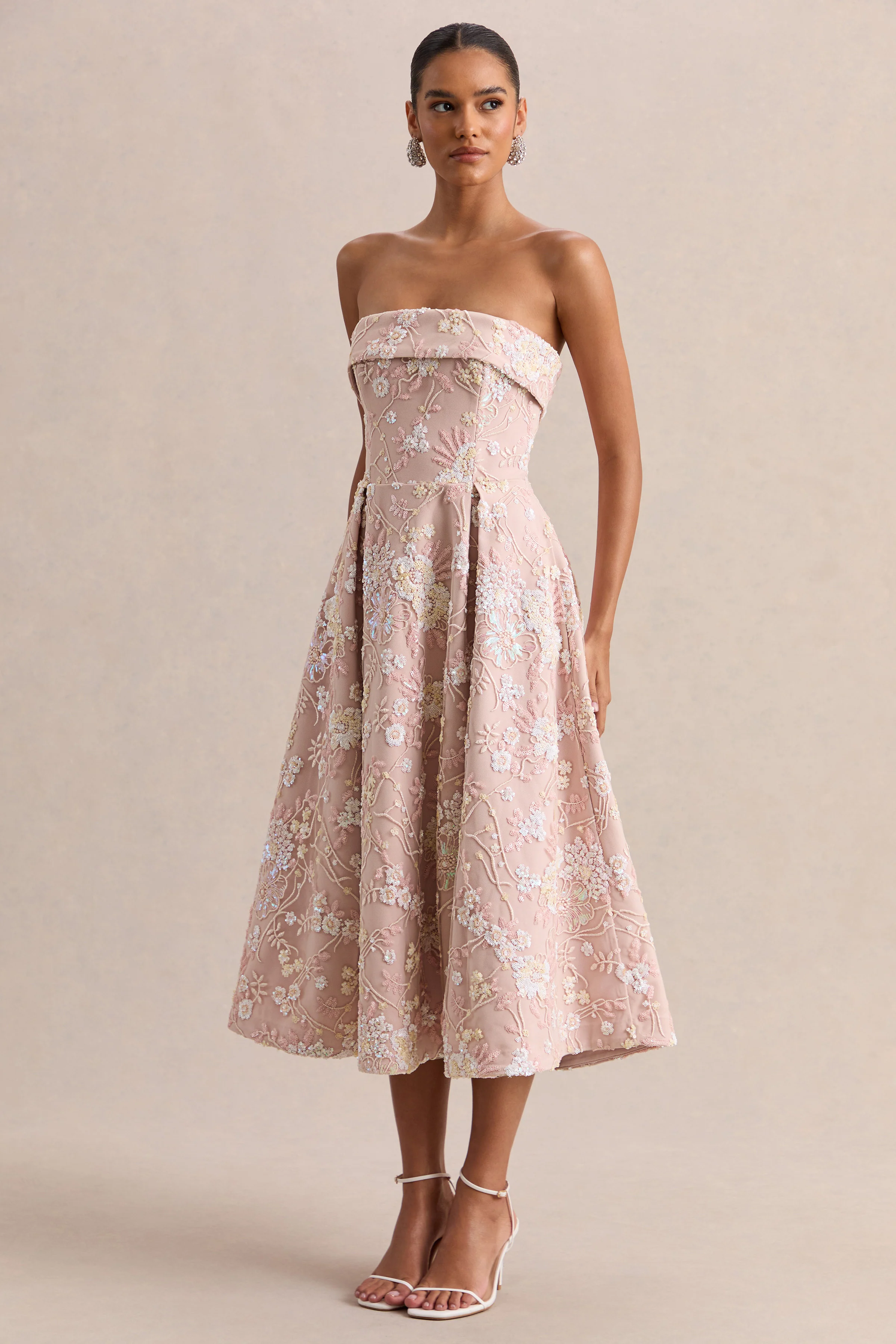 Amaris | Pink Embellished Floral Bandeau Skater Midi Dress - Image 6