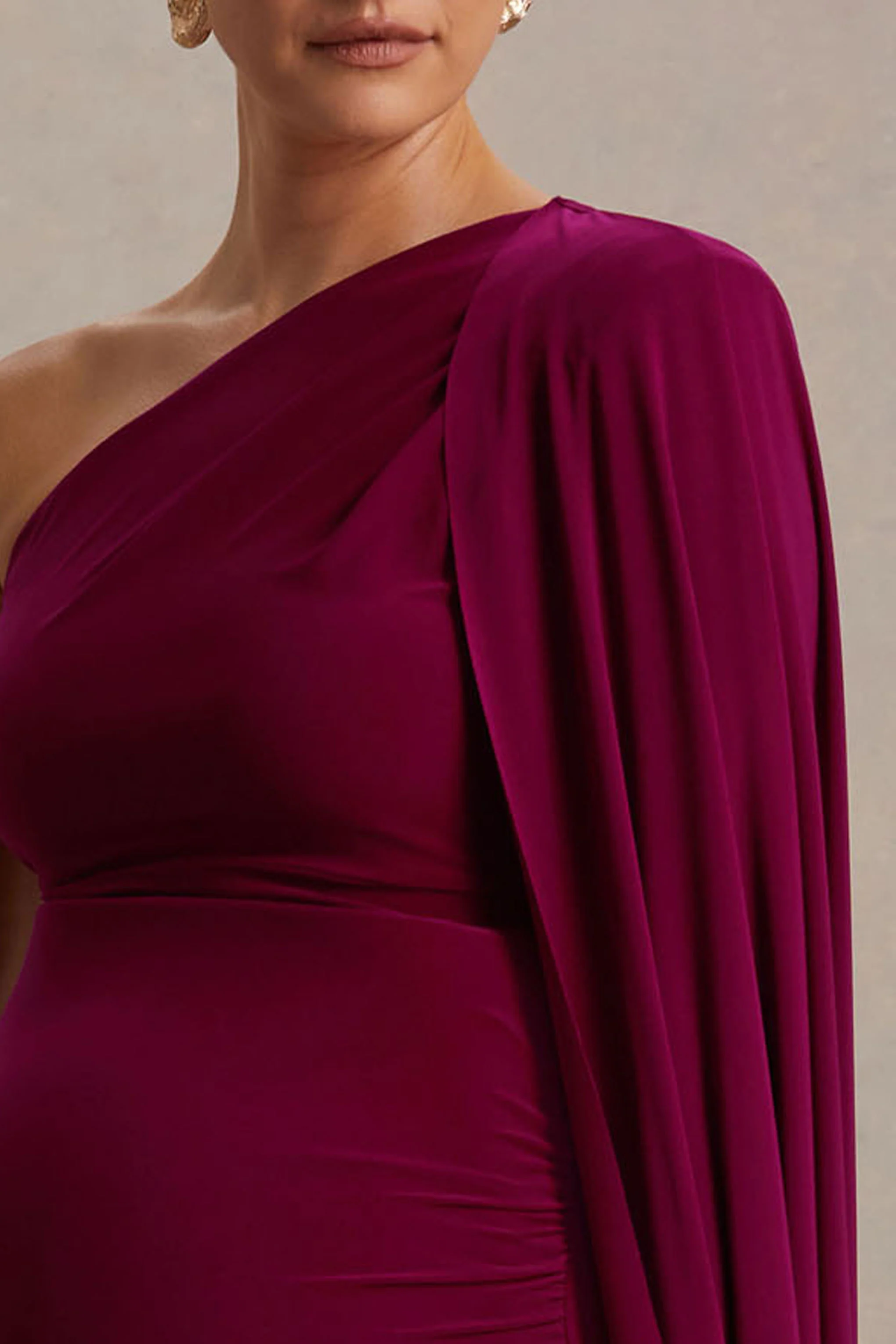 Amaryllis | Berry Maternity One Shoulder Maxi Dress with Cape Sleeve - Image 3