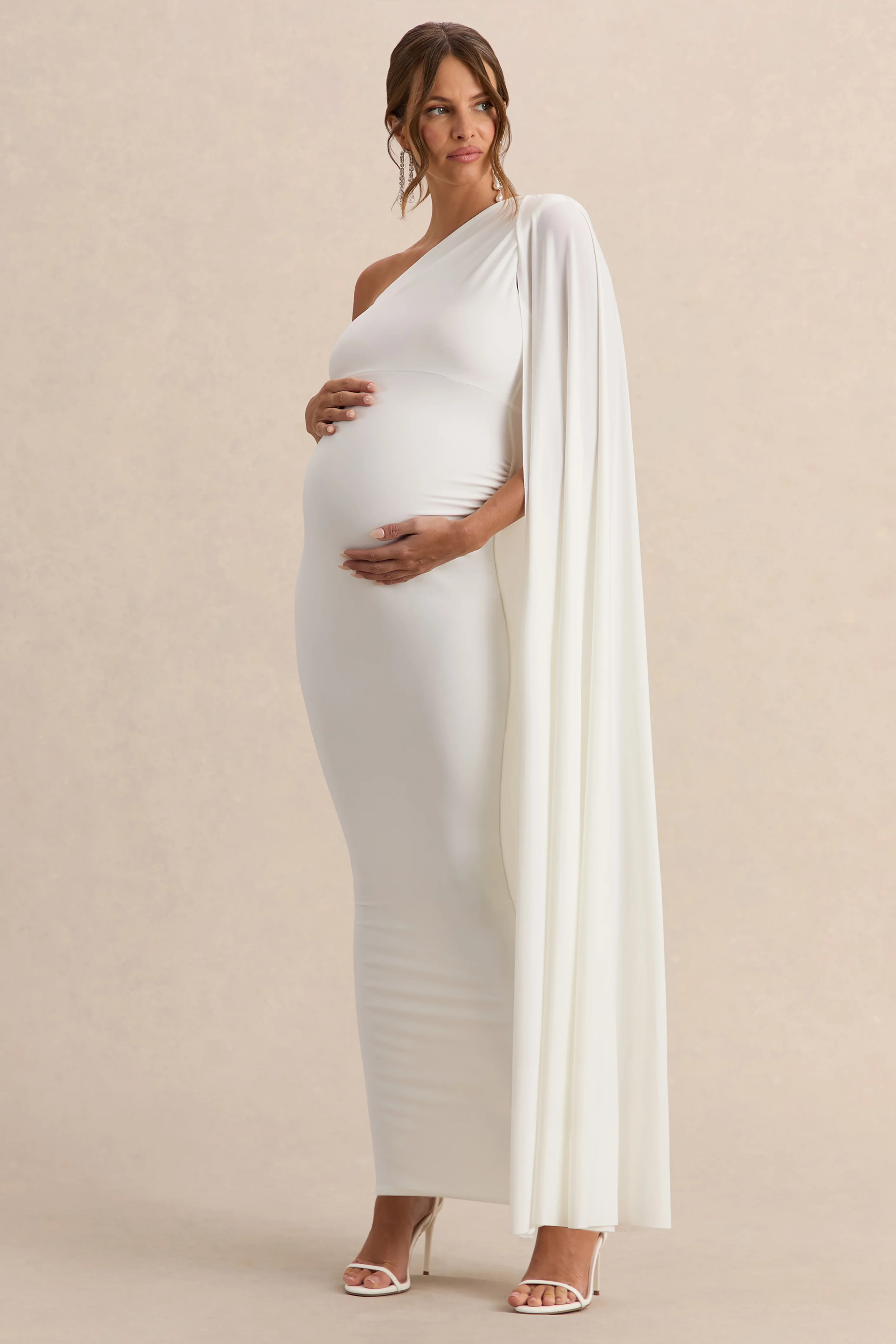 Amaryllis | White Maternity One Shoulder Maxi Dress with Cape Sleeve - Image 5