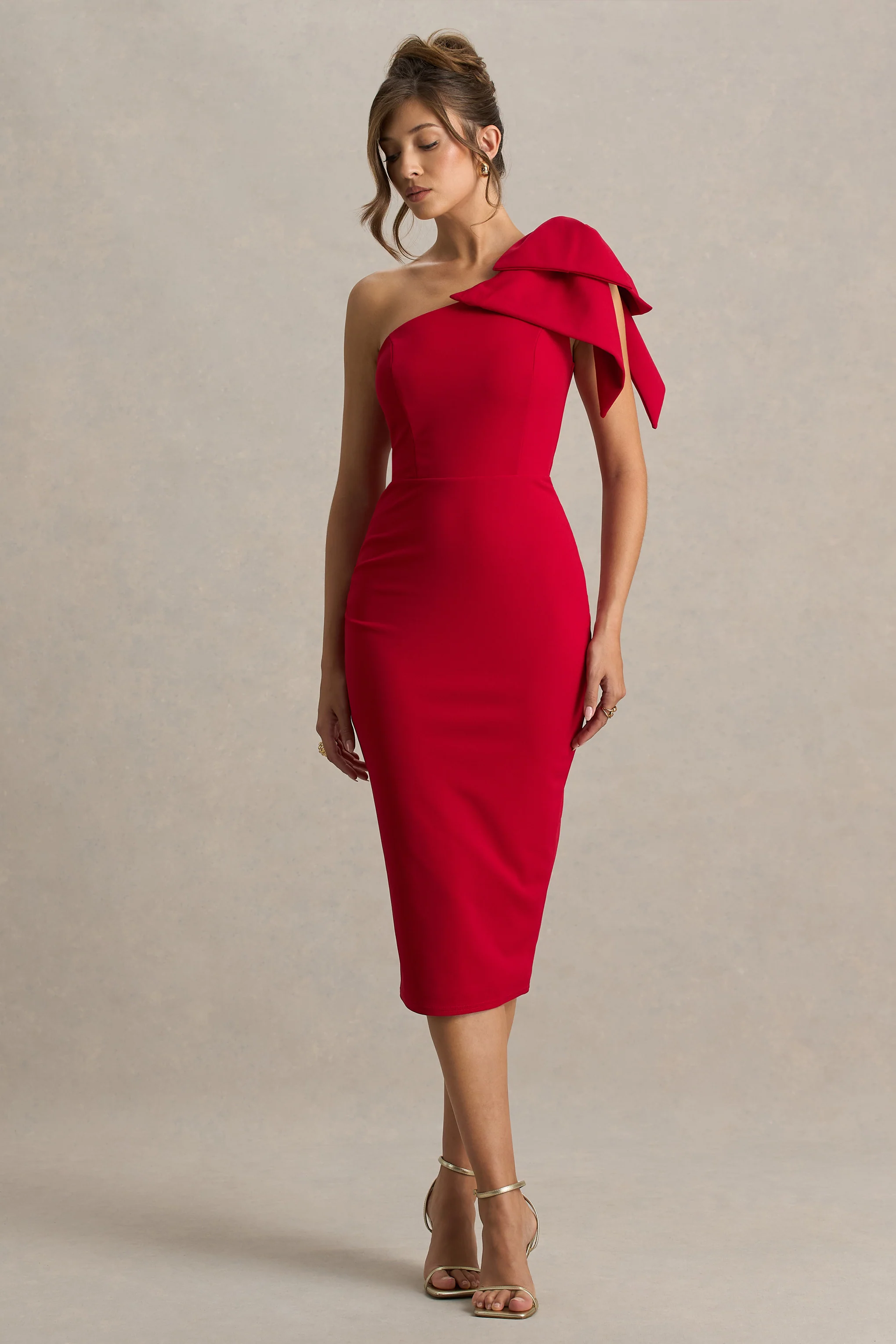 Ambretta | Red One-Shoulder Midi Dress With Bow - Image 4