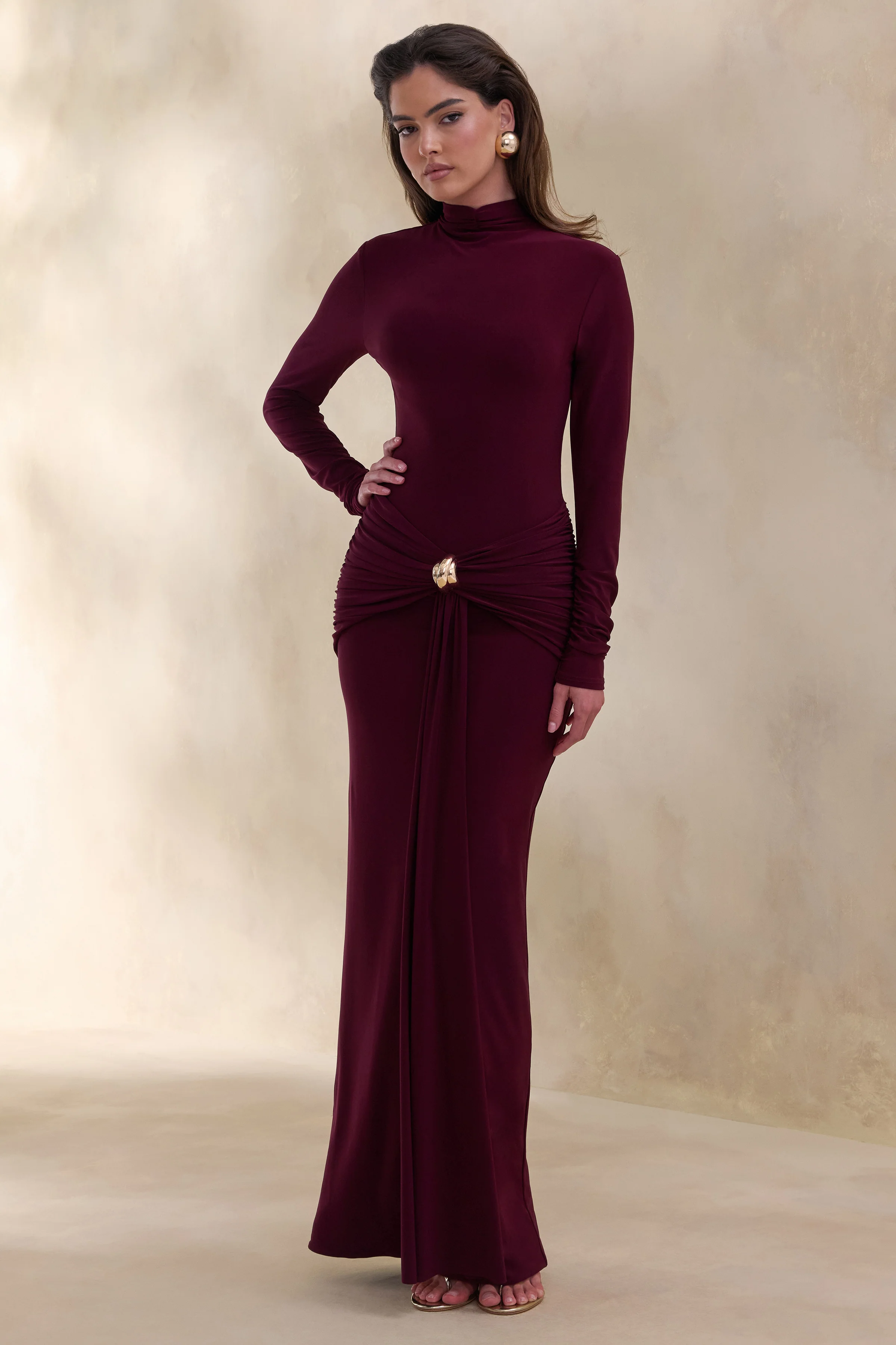 Ambrette | Dark Plum High-Neck Maxi Dress With Gathered-Detailing - Image 5