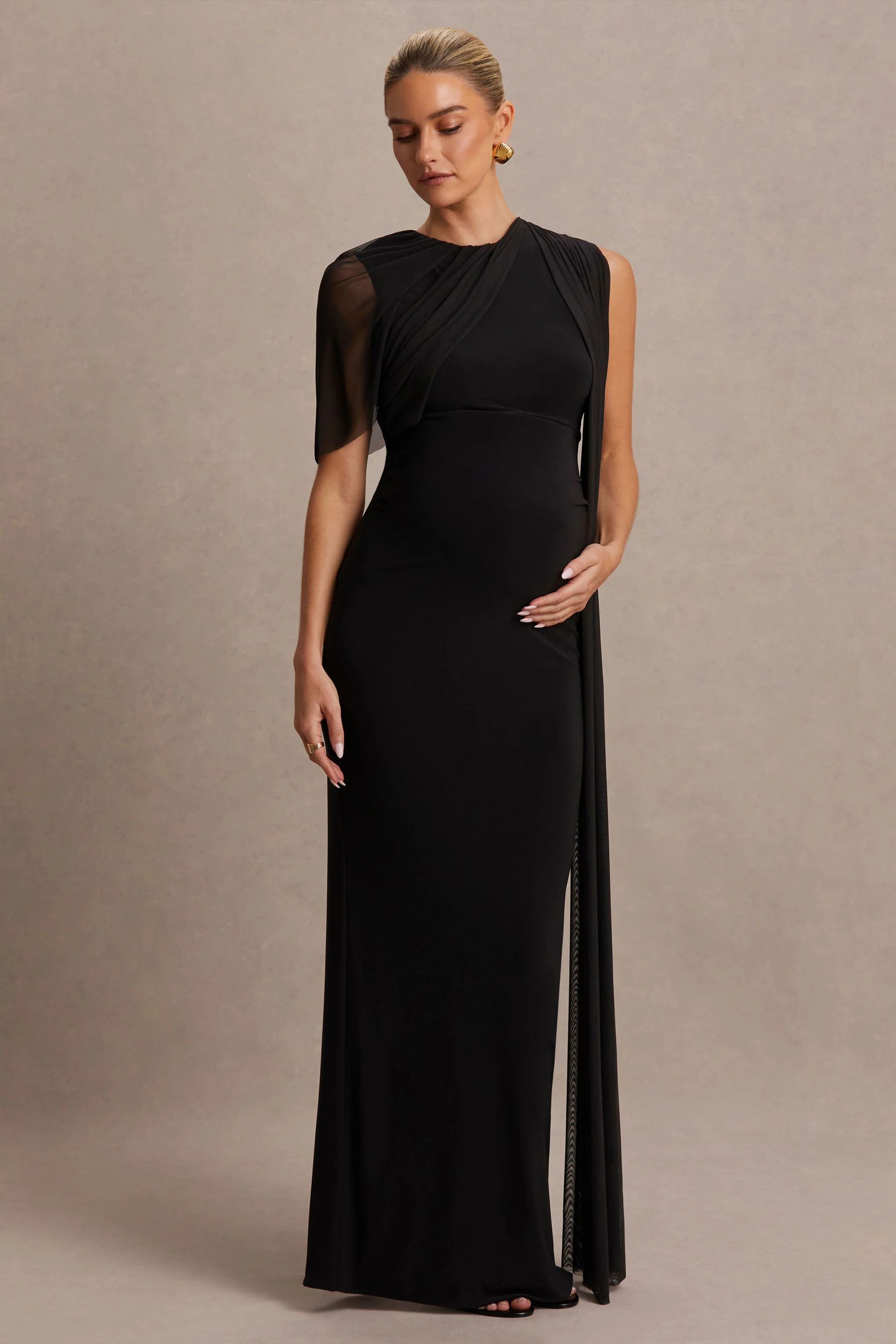 Amelise | Black High-Neck Maternity Maxi Dress With Mesh-Cape Sleeve And Sash Detail - Image 5