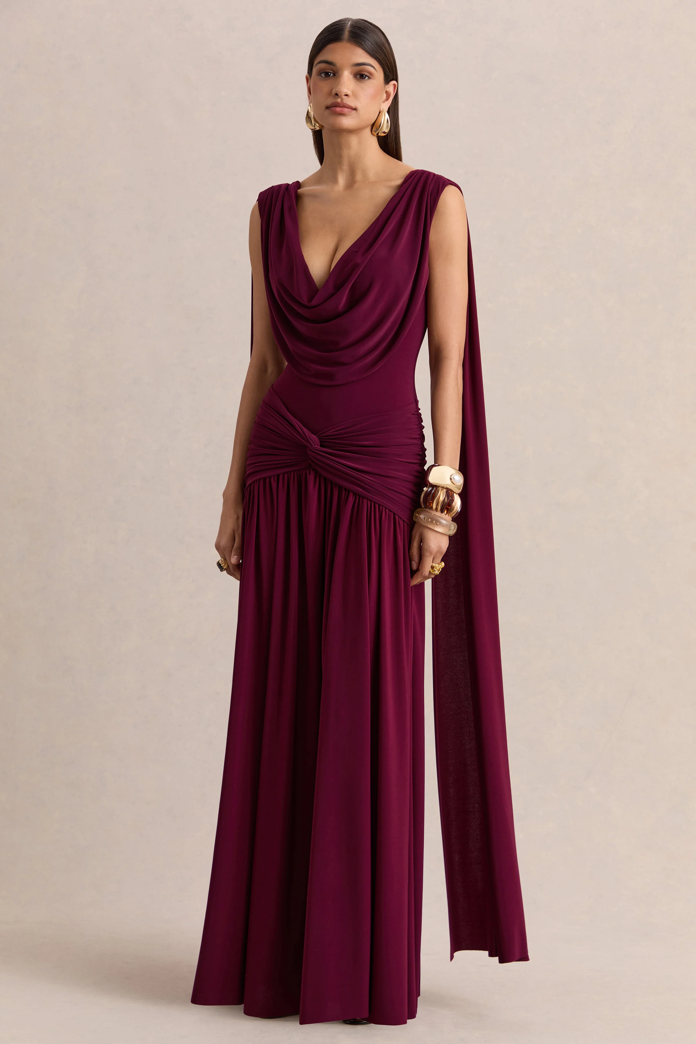 Amelisse | Burgundy Plunge-Neck Maxi Dress With Ruched-Detailing - Image 6