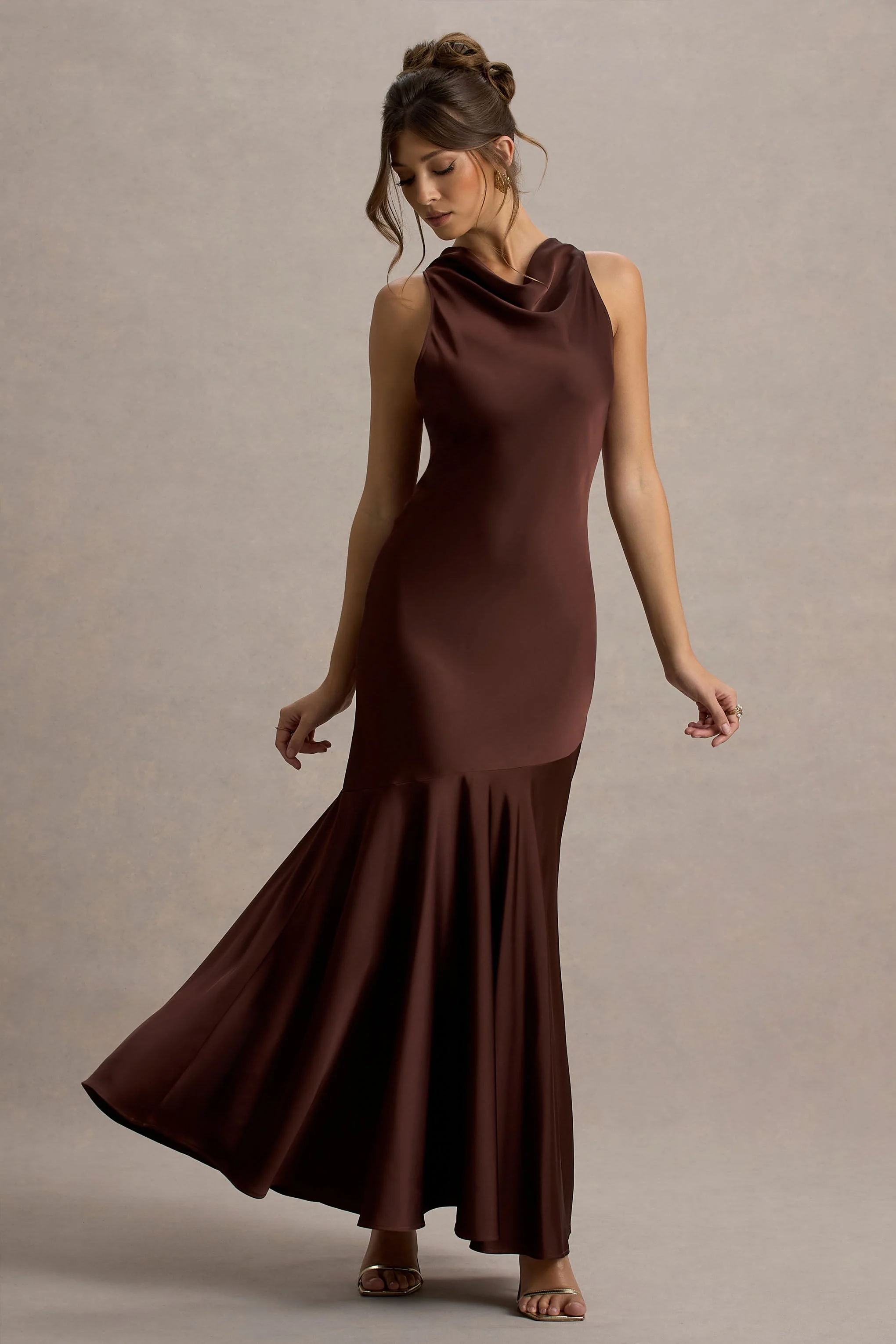 Amelita | Brown Satin Cowl-Neck Maxi Dress - Image 4