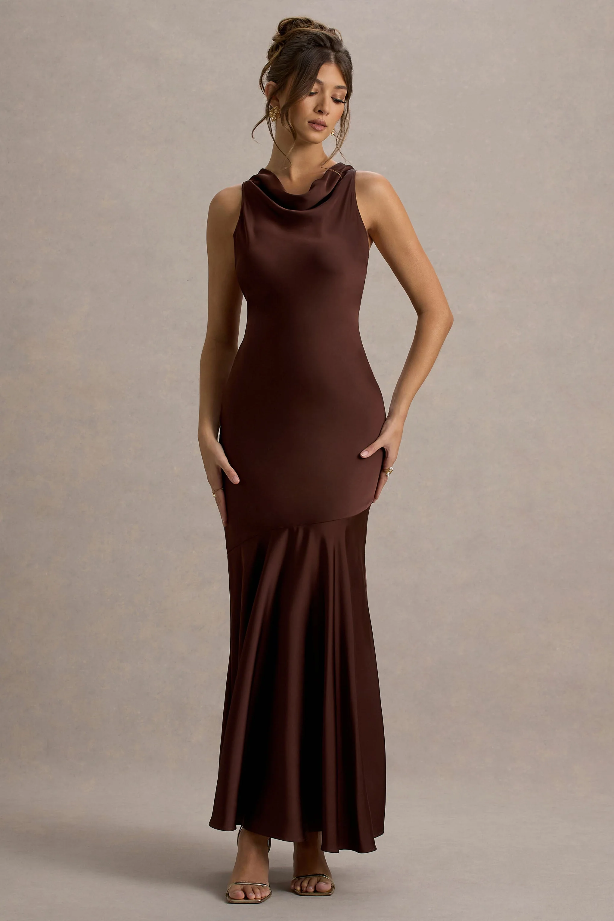 Amelita | Brown Satin Cowl-Neck Maxi Dress - Image 5