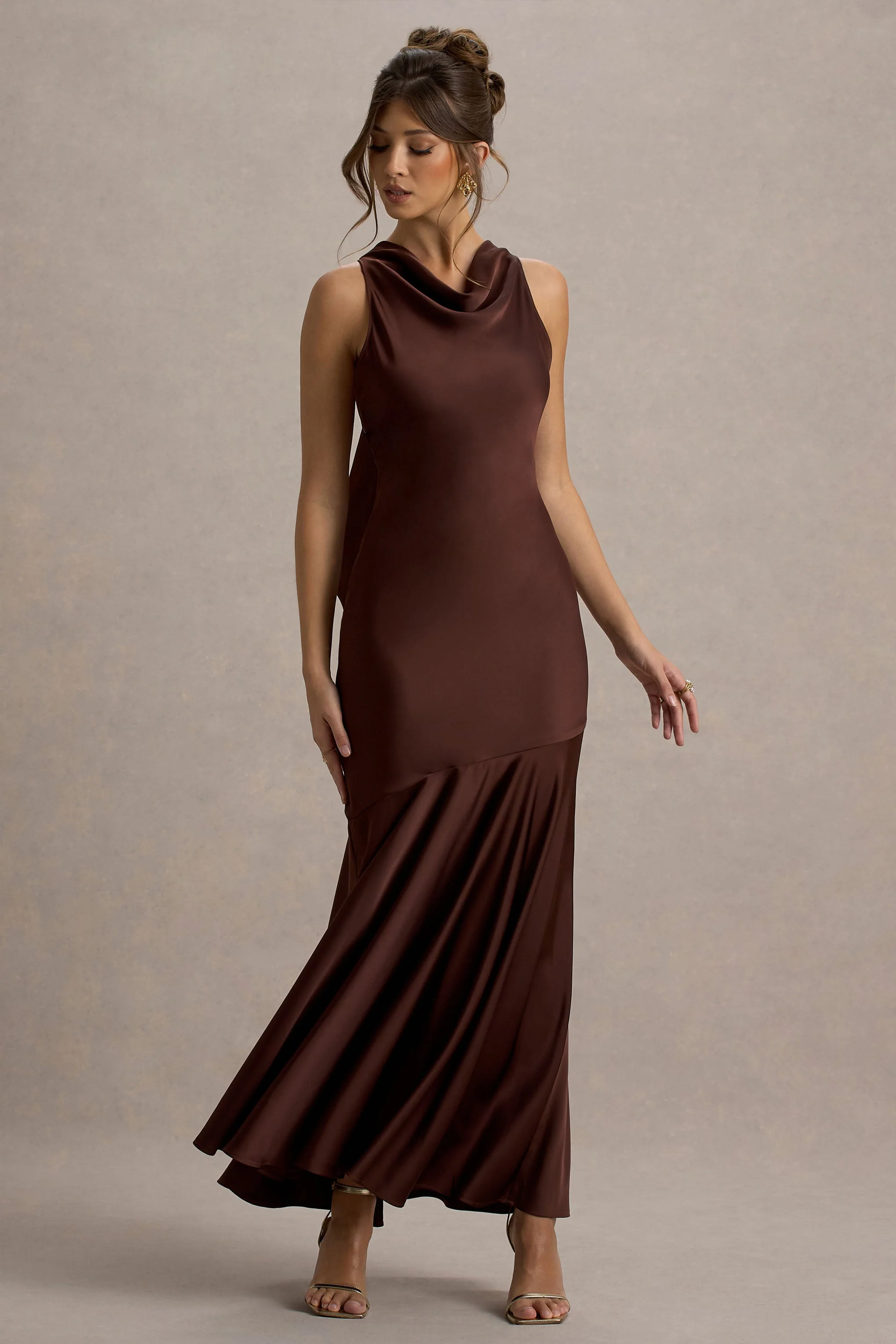 Amelita | Brown Satin Cowl-Neck Maxi Dress - Image 6