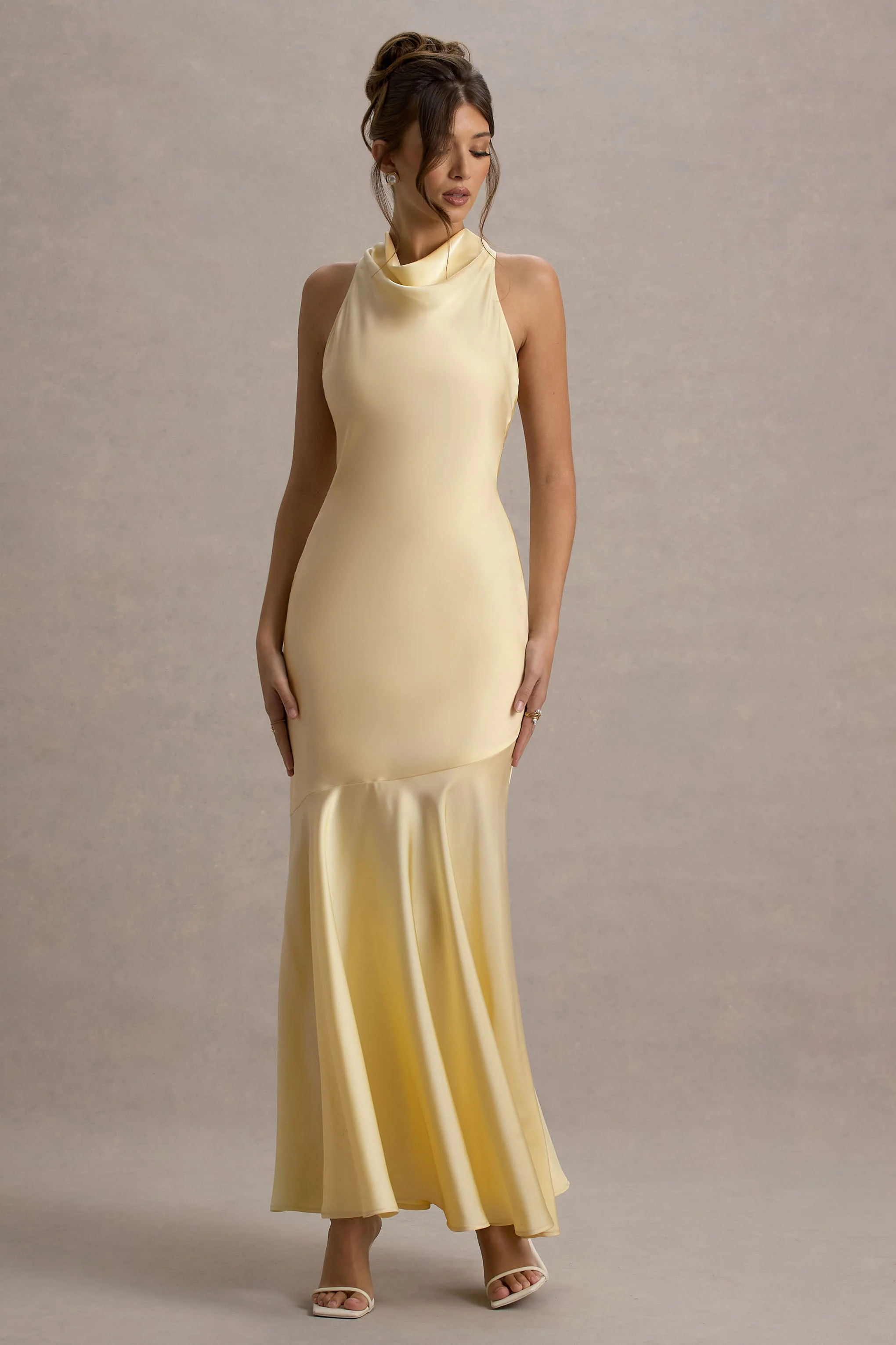 Amelita | Lemon Satin Cowl-Neck Maxi Dress - Image 4