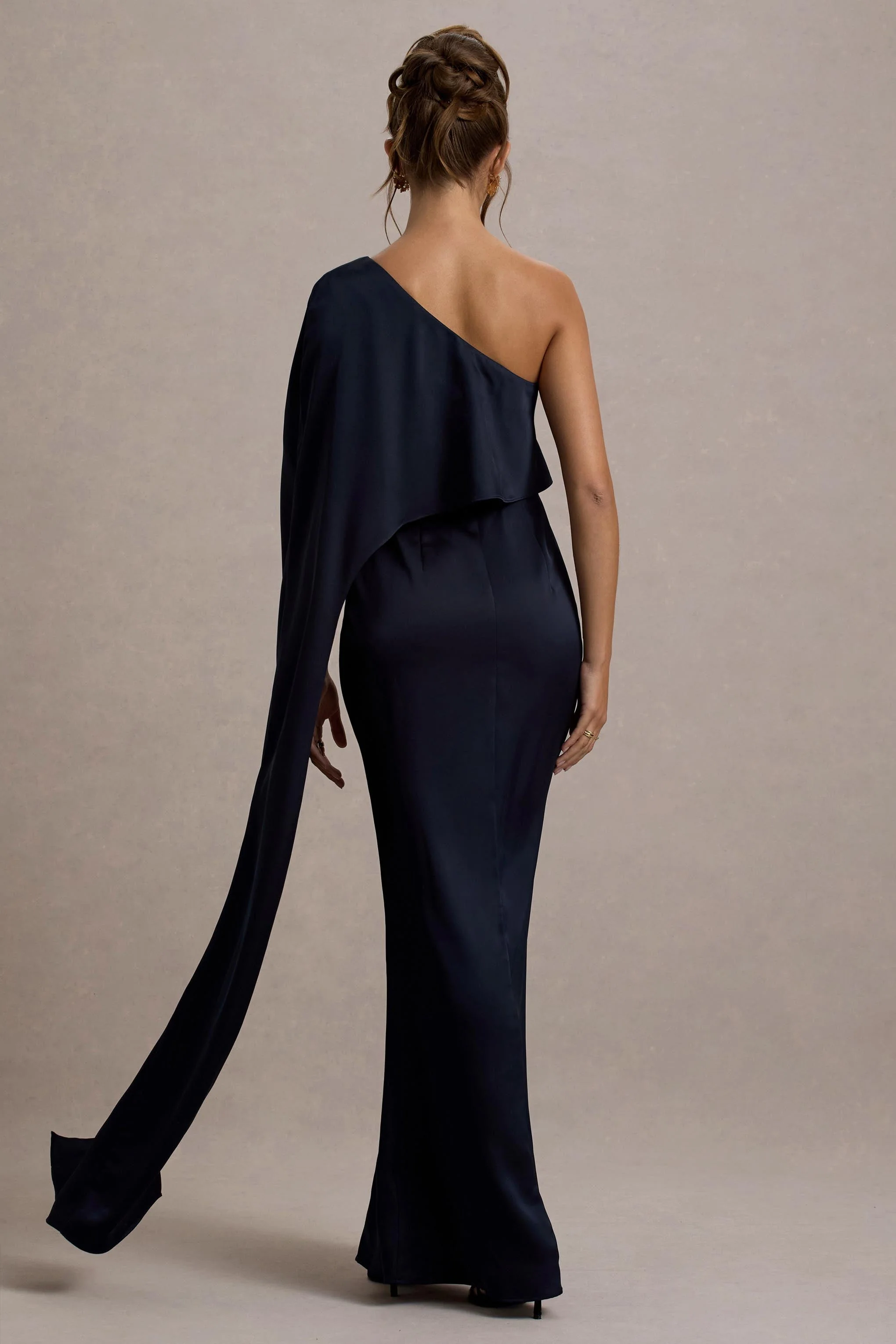 Amora | Navy Satin Asymmetric Cape-Sleeve Split Maxi Dress - Image 2