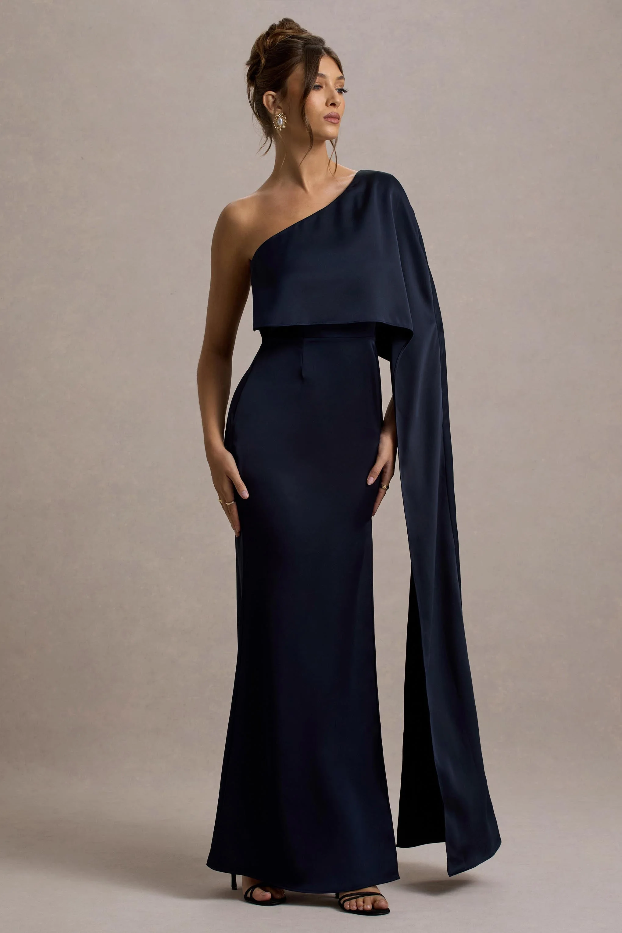 Amora | Navy Satin Asymmetric Cape-Sleeve Split Maxi Dress - Image 4