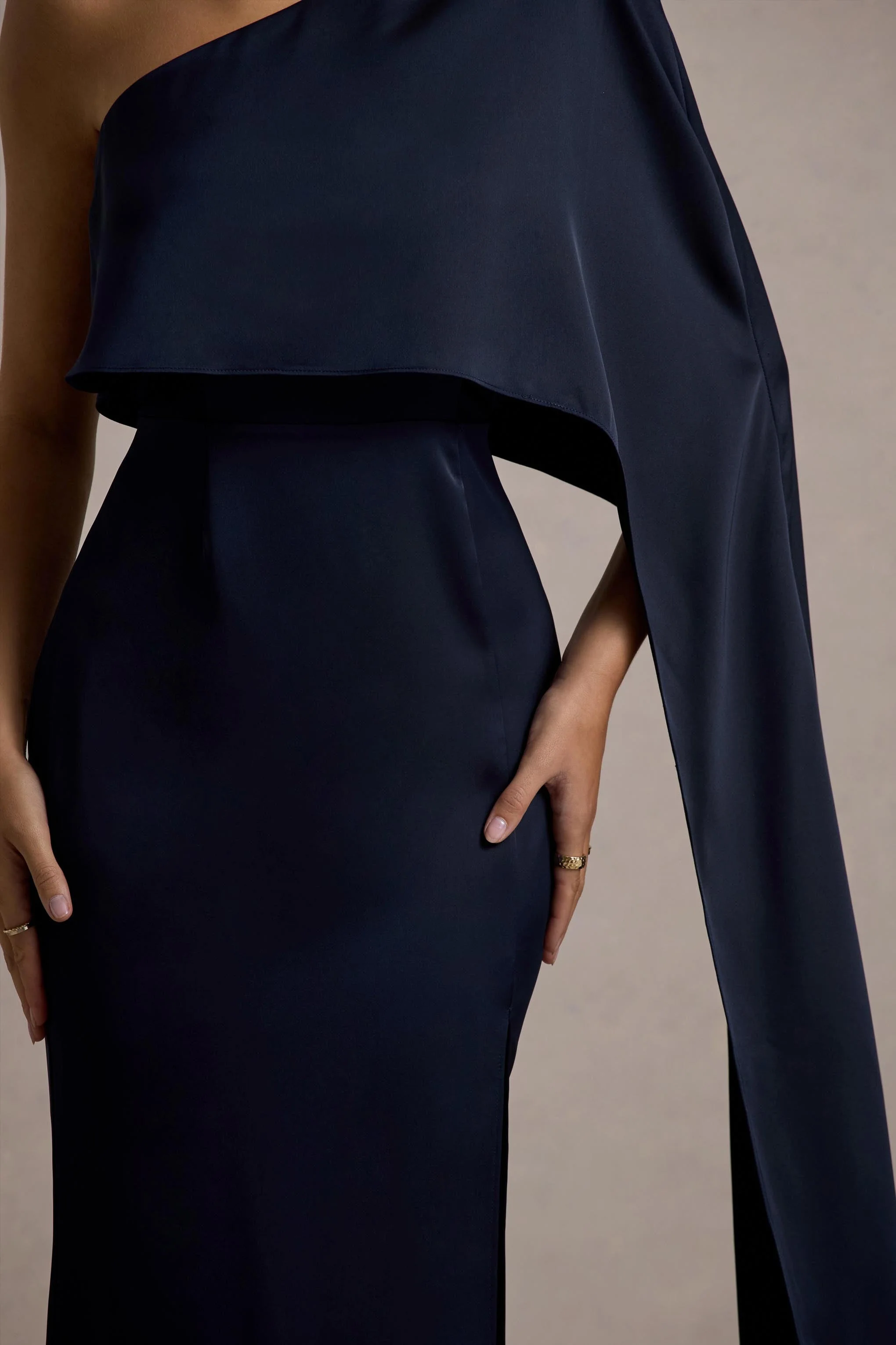 Amora | Navy Satin Asymmetric Cape-Sleeve Split Maxi Dress - Image 7