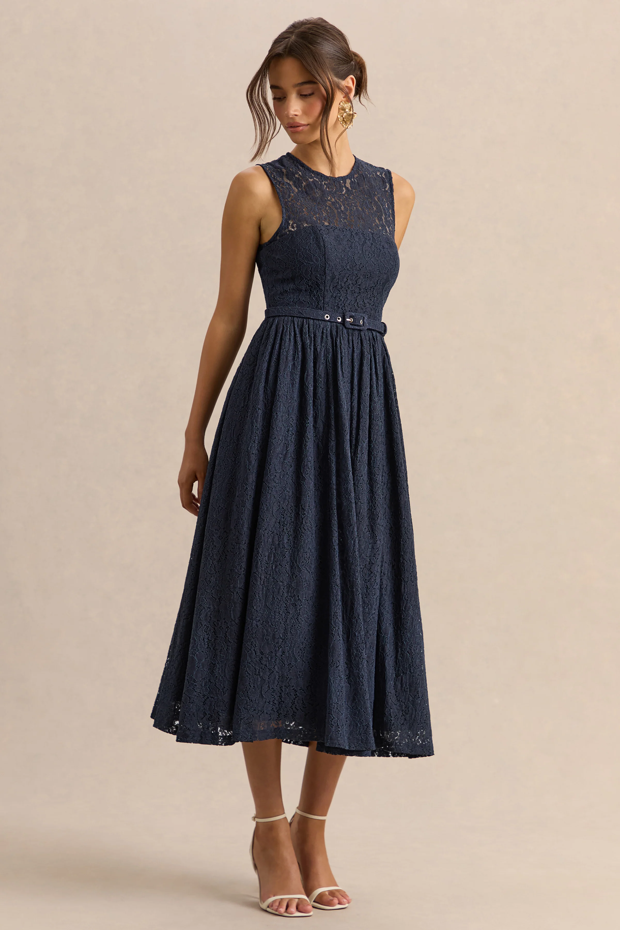 Anabella | Navy Lace Crew-Neck Belted Midi-Dress - Image 4