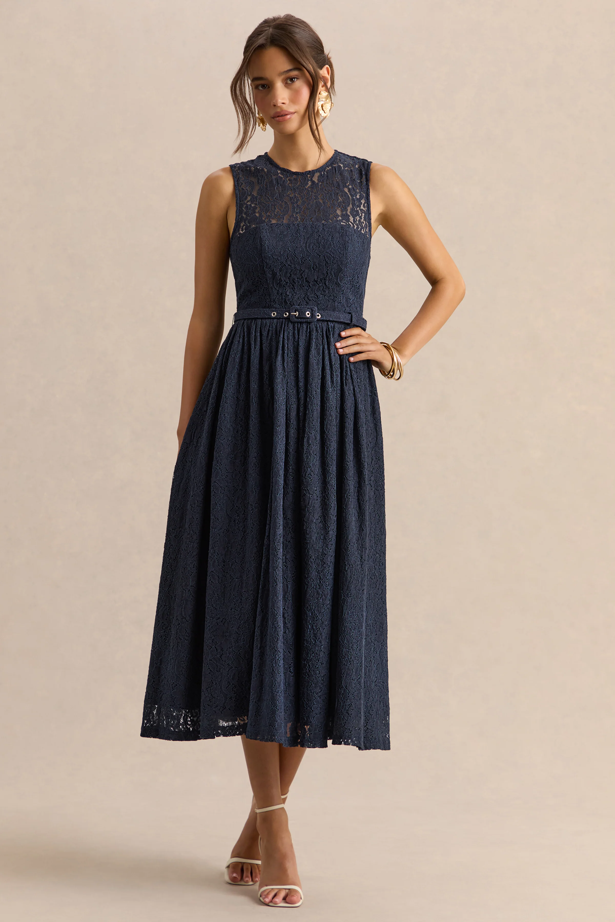 Anabella | Navy Lace Crew-Neck Belted Midi-Dress - Image 5