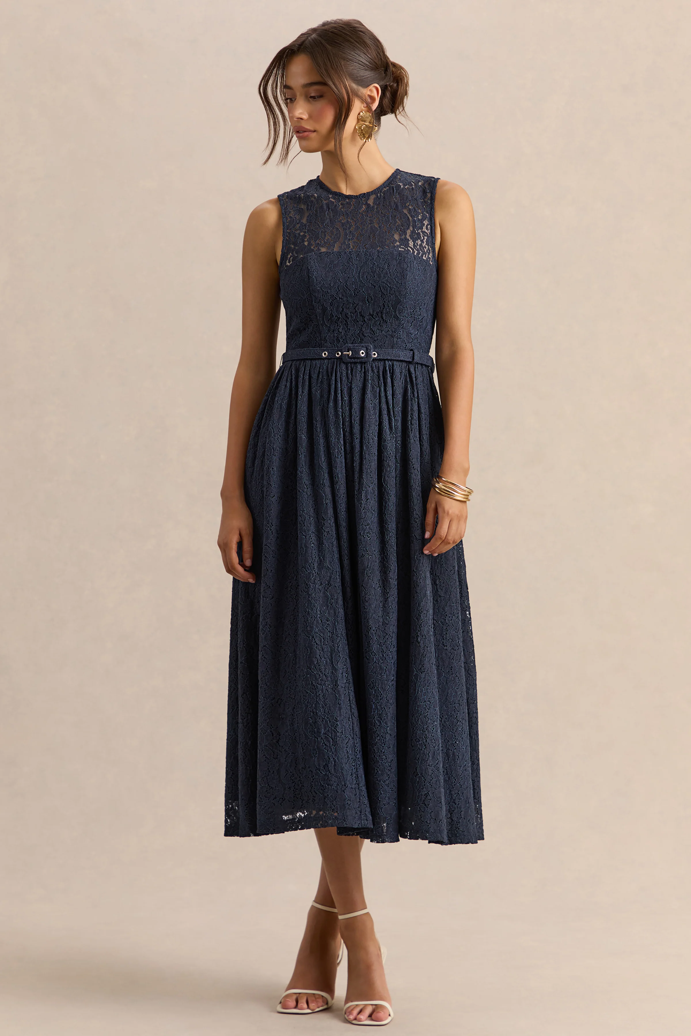Anabella | Navy Lace Crew-Neck Belted Midi-Dress - Image 6