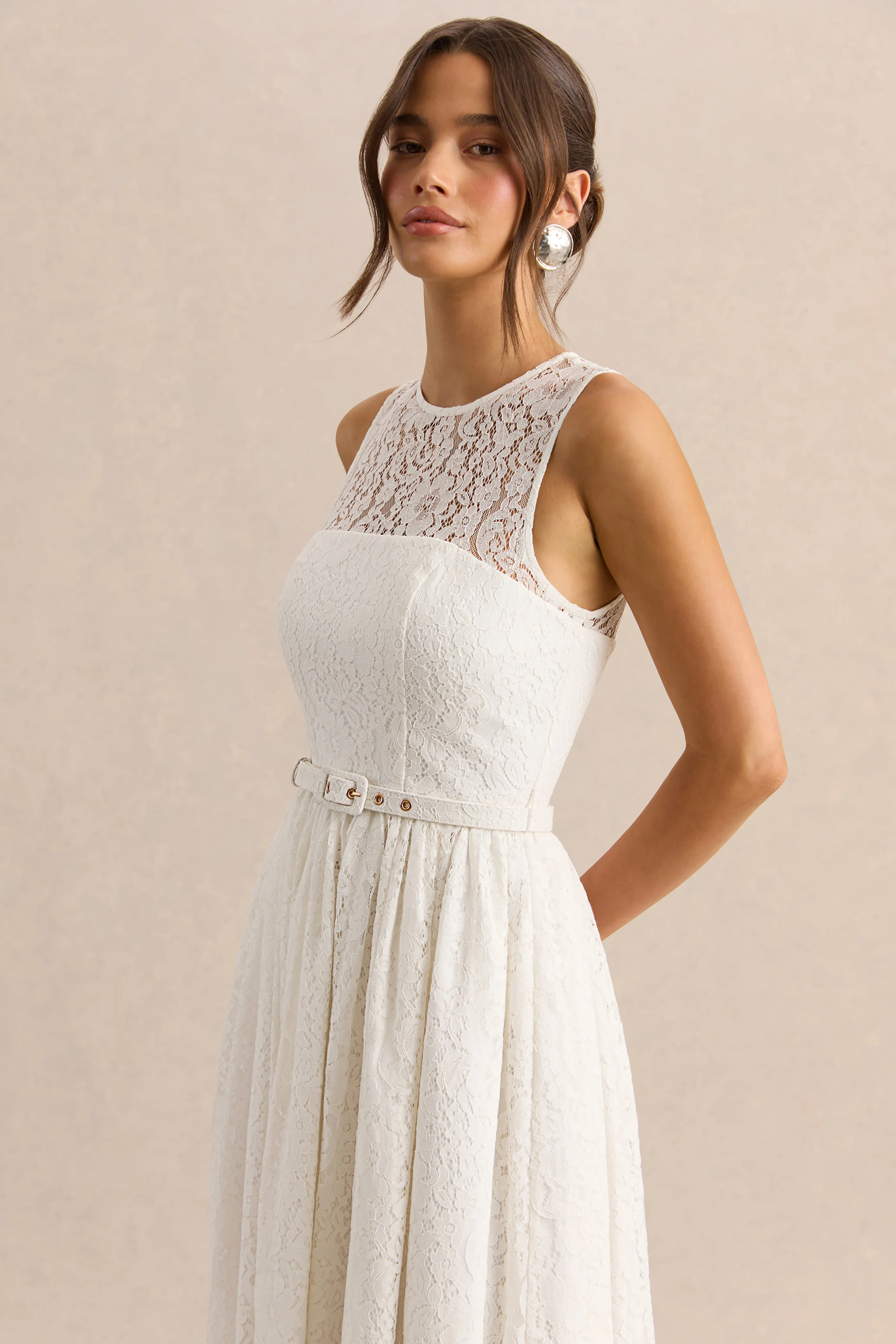 Anabella | White Lace Crew-Neck Belted Midi-Dress - Image 3