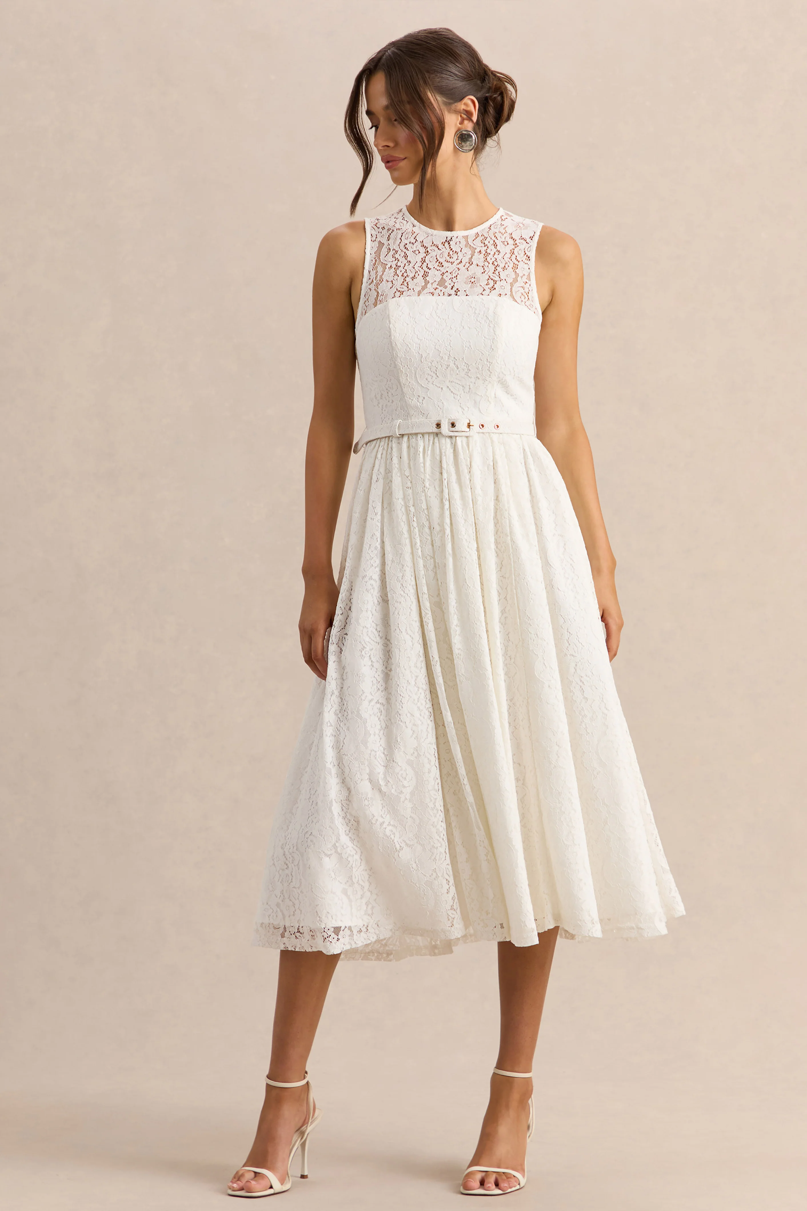 Anabella | White Lace Crew-Neck Belted Midi-Dress - Image 4