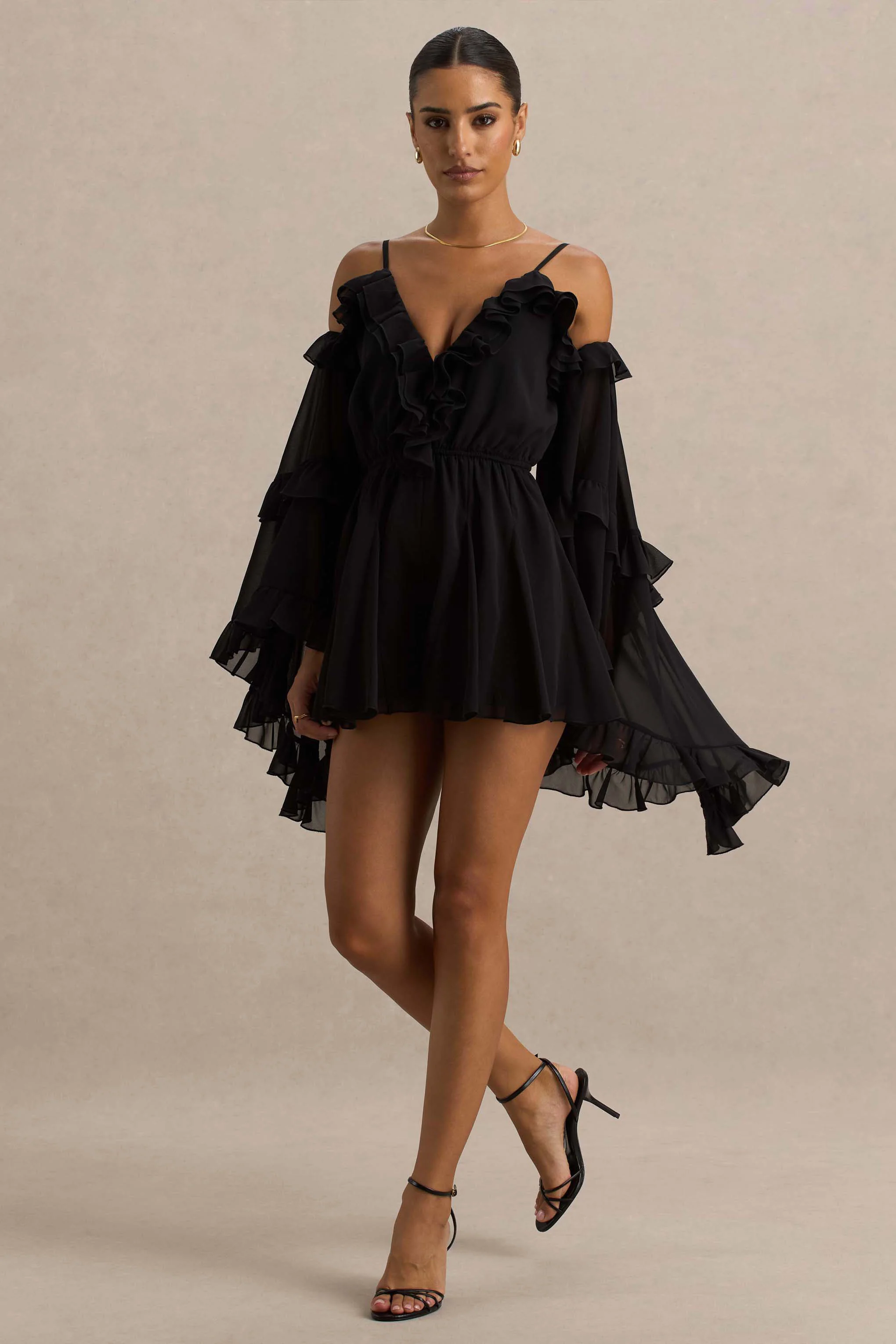 Anaya | Black Chiffon Playsuit With Long Sleeves - Image 4