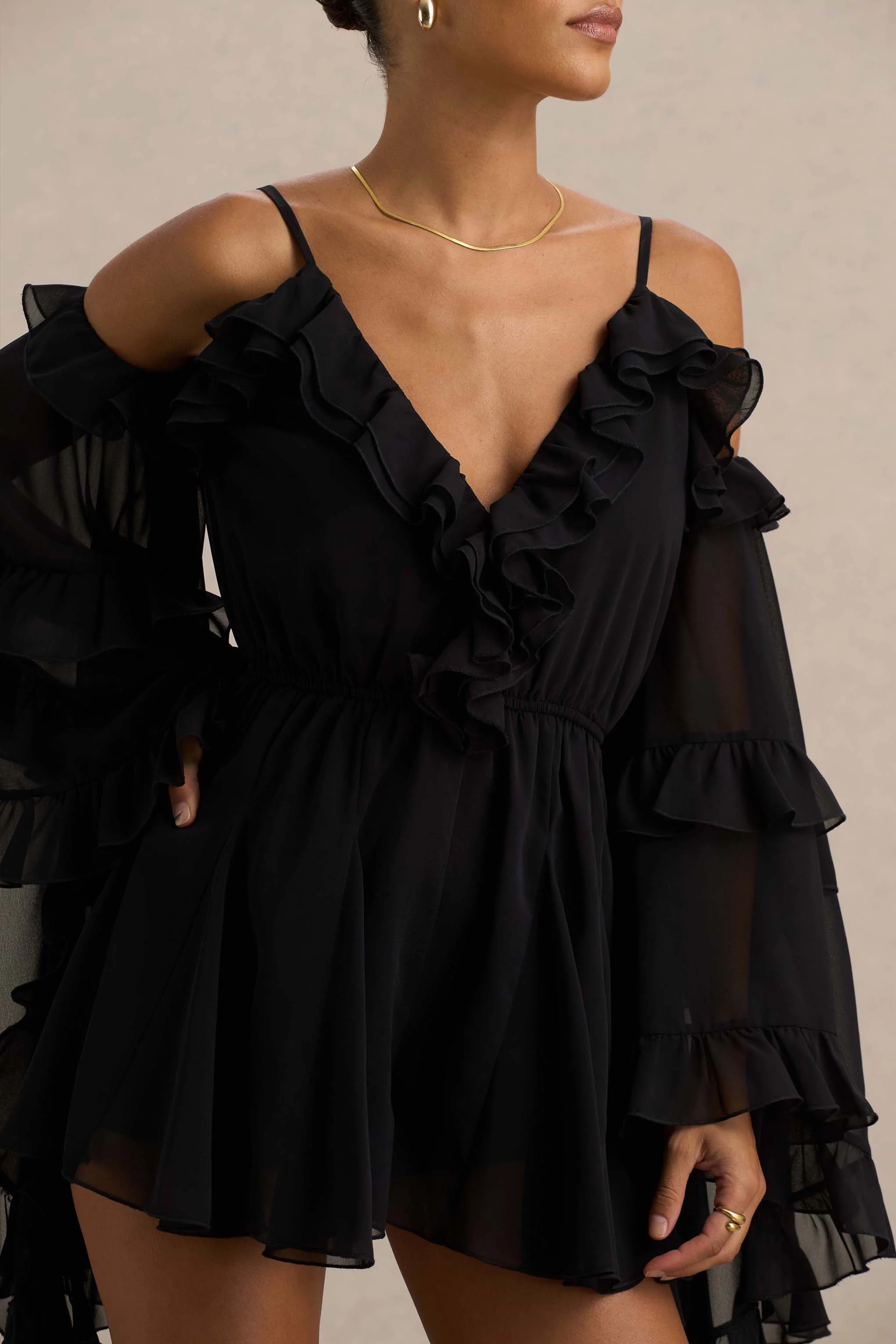 Anaya | Black Chiffon Playsuit With Long Sleeves - Image 5