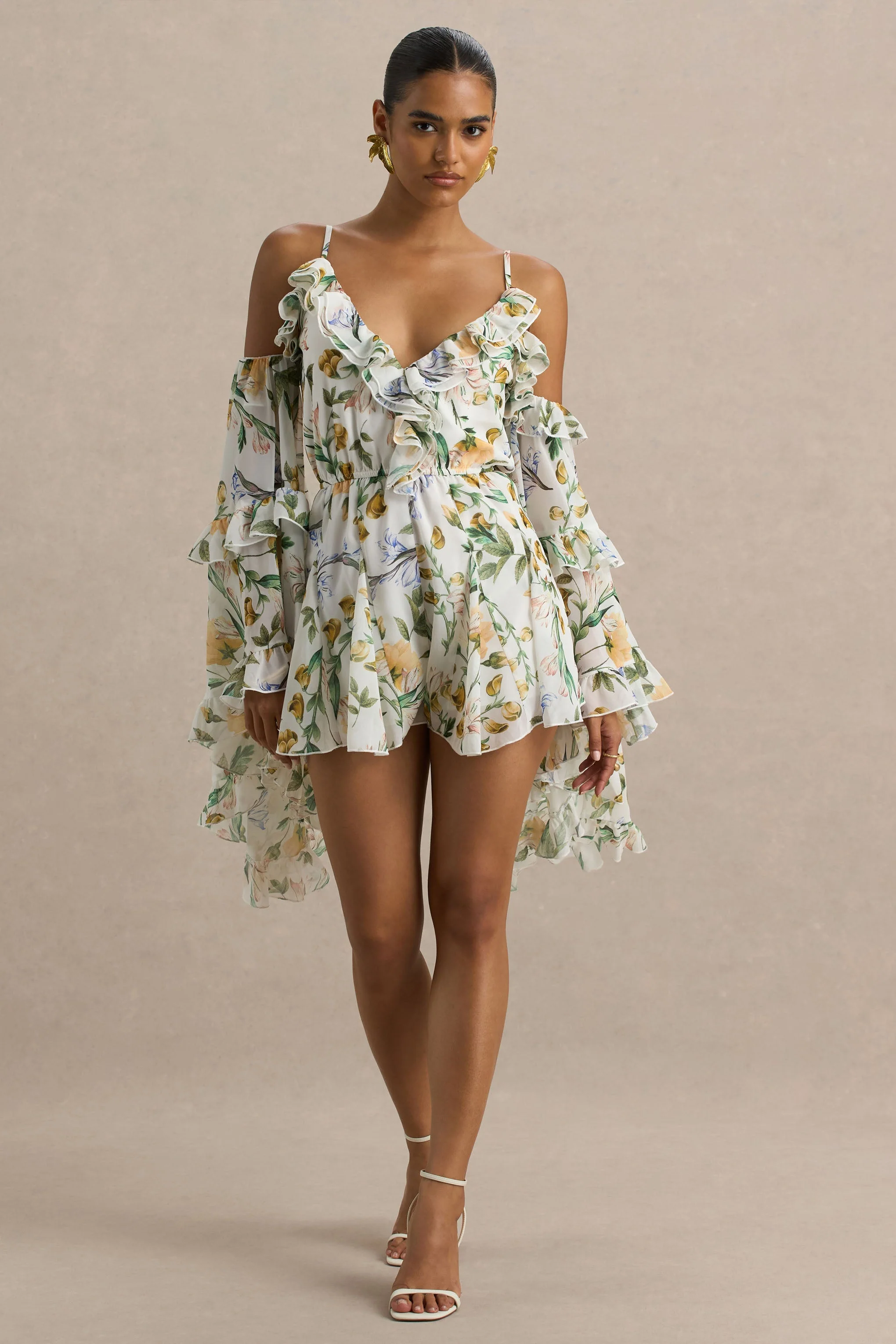 Anaya | Lemon Floral Print Chiffon Playsuit With Long Sleeves - Image 3