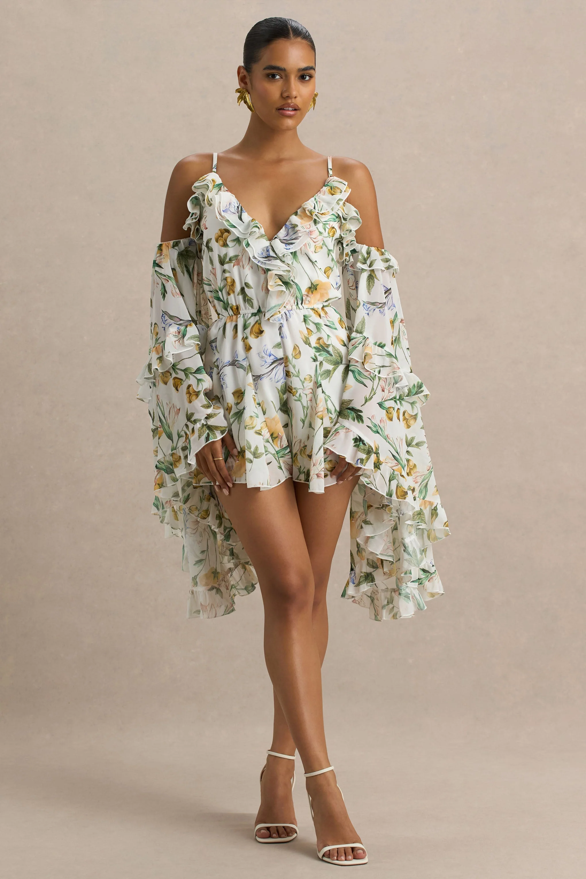 Anaya | Lemon Floral Print Chiffon Playsuit With Long Sleeves - Image 4
