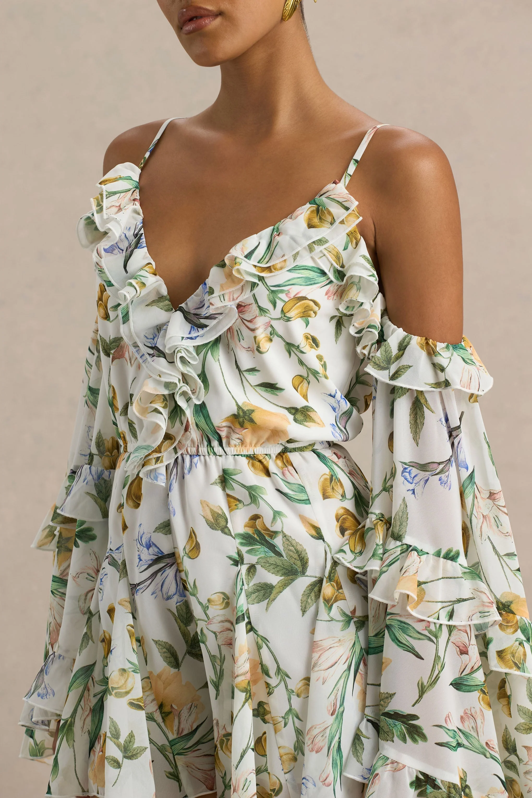Anaya | Lemon Floral Print Chiffon Playsuit With Long Sleeves - Image 5