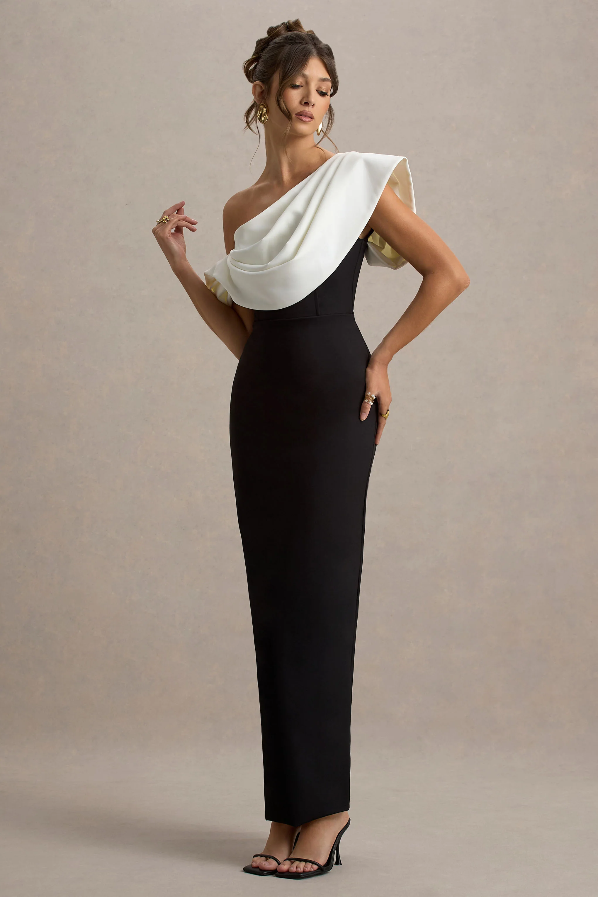 Angelina | Black & White Draped Shoulder Maxi Dress - Image 5