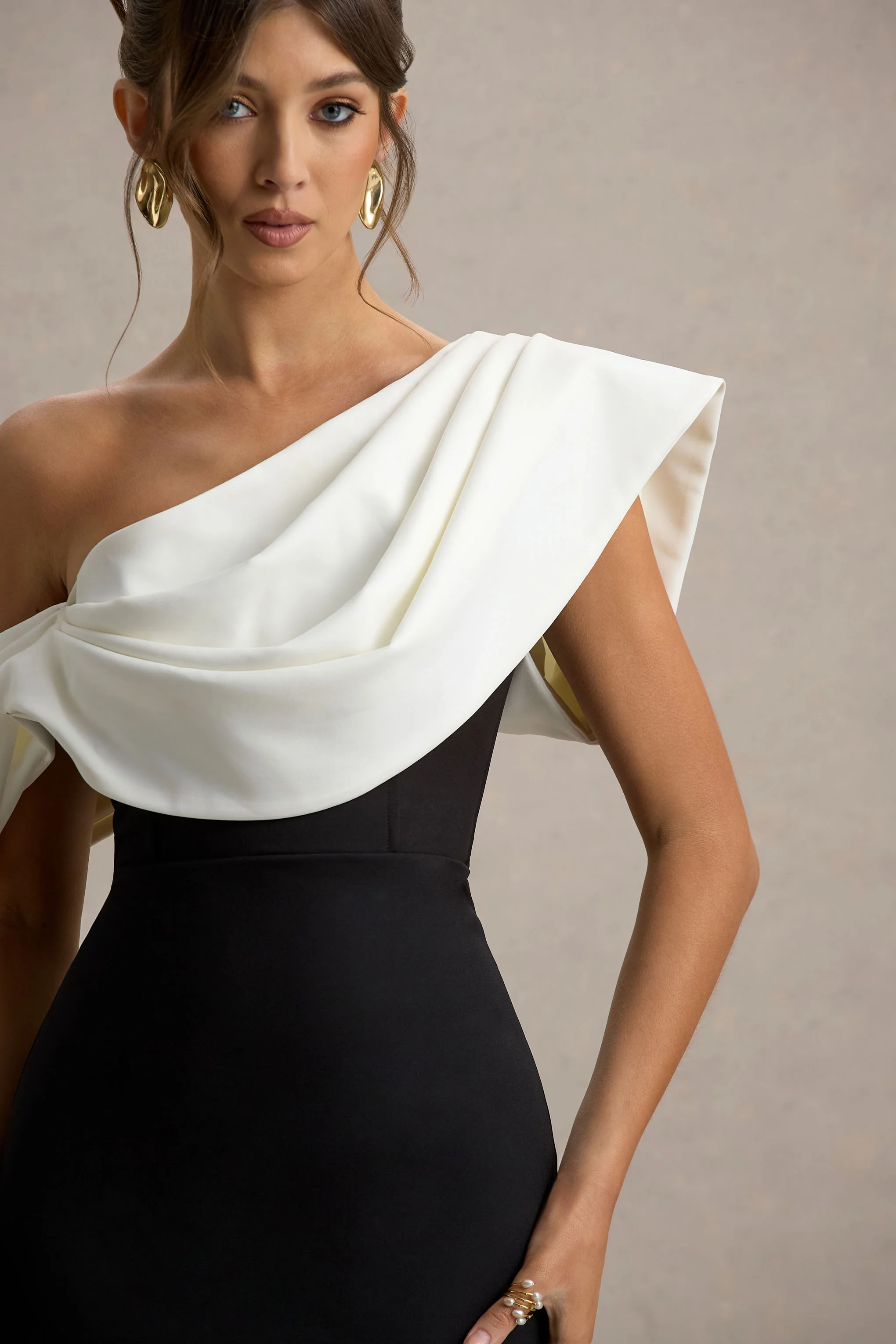 Angelina | Black & White Draped Shoulder Maxi Dress - Image 6
