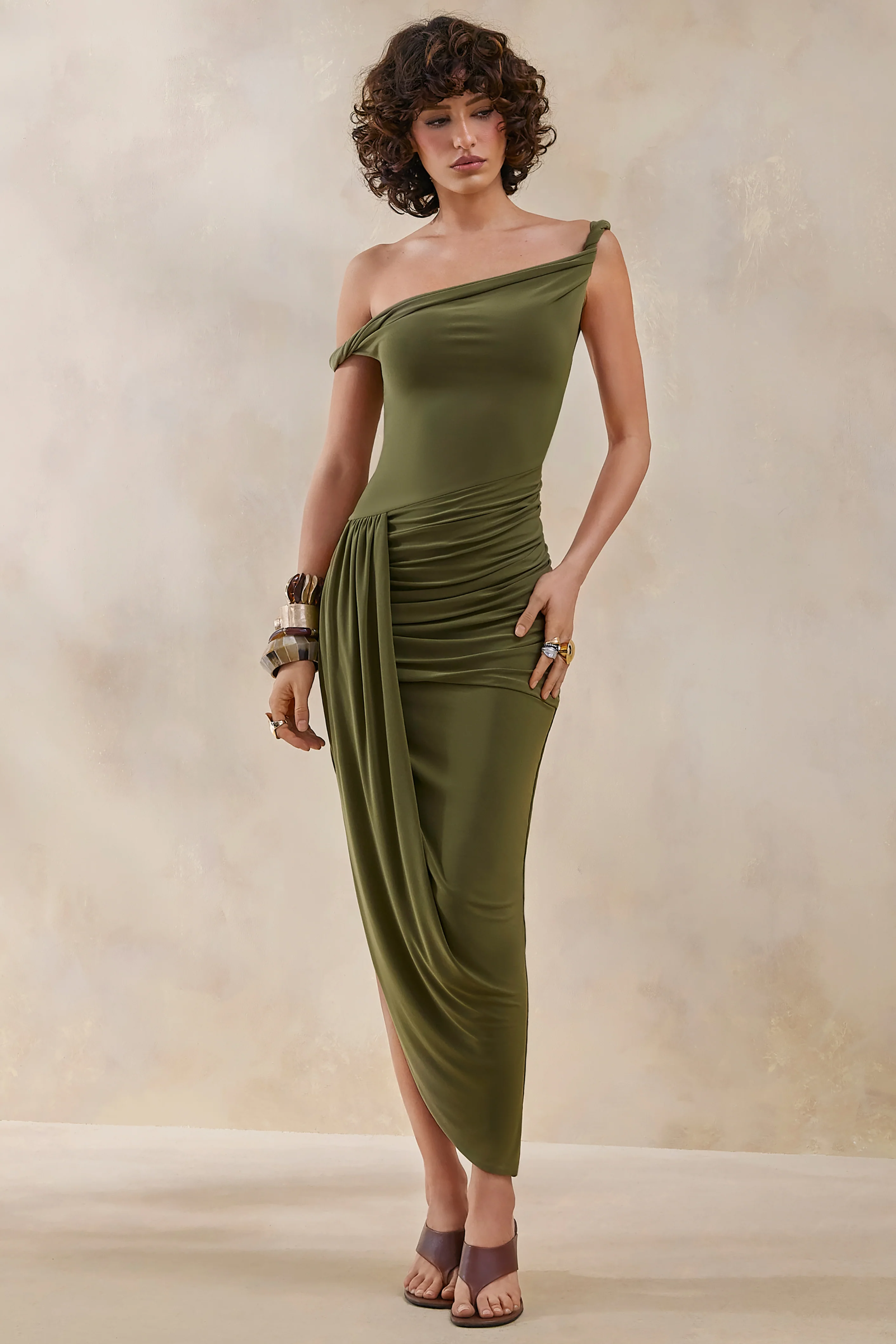 Angelique | Olive Green Twisted Asymmetric Maxi Dress - Image 4