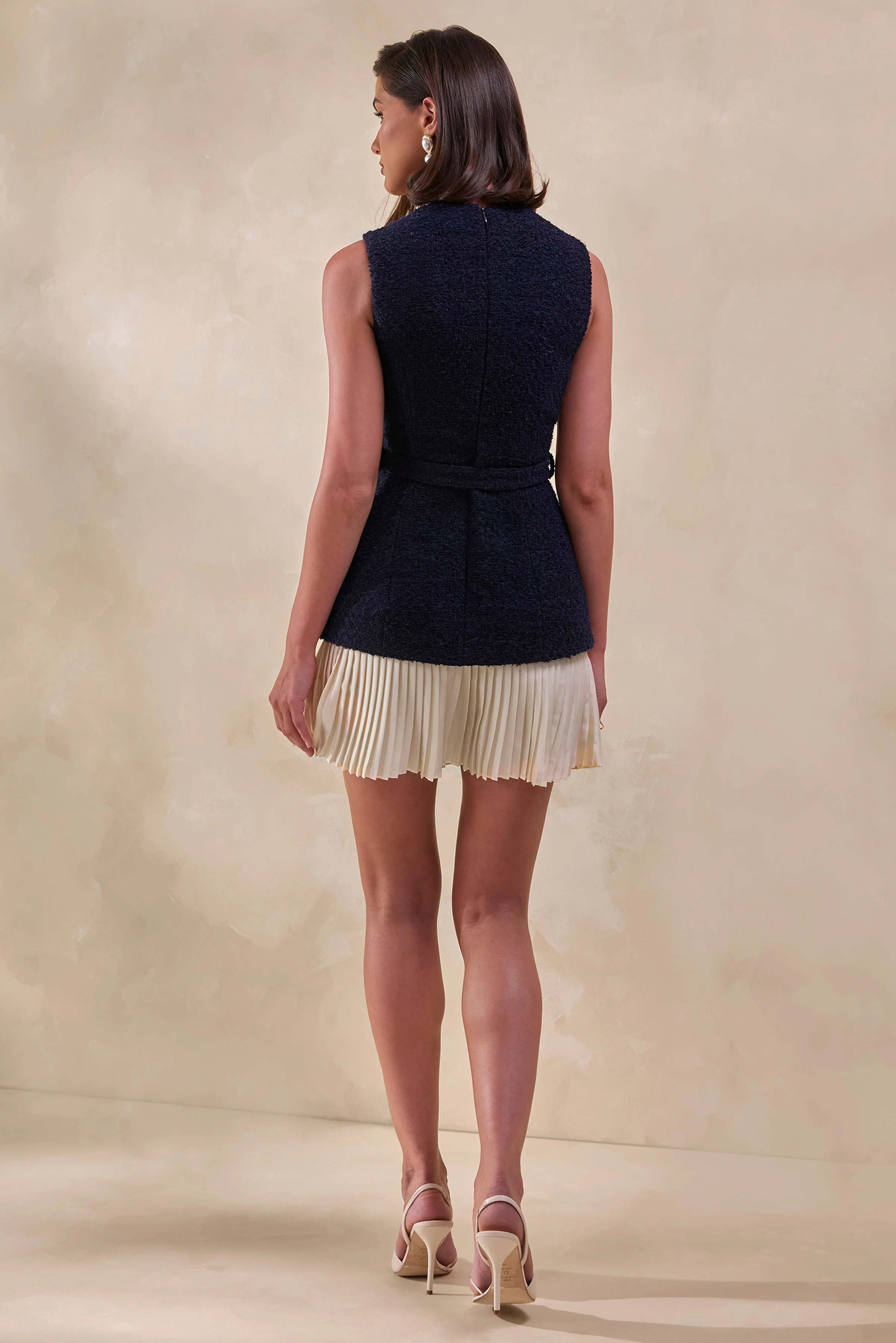 Anise | Navy Crew-Neck Belted Mini-Dress With White Pleated-Hem - Image 2