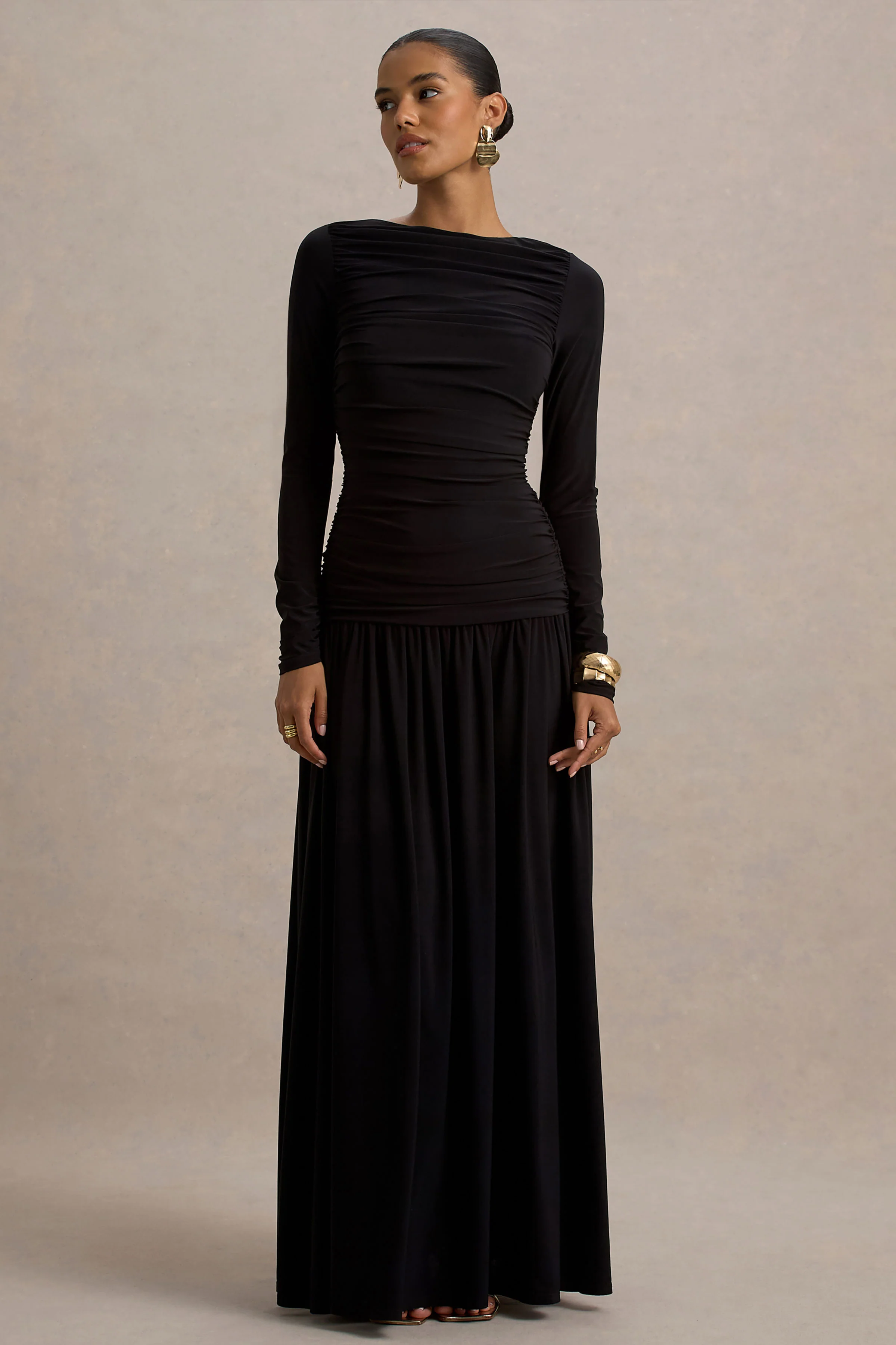 Aniyah | Black High-Neck Maxi Dress With Ruched Detailing